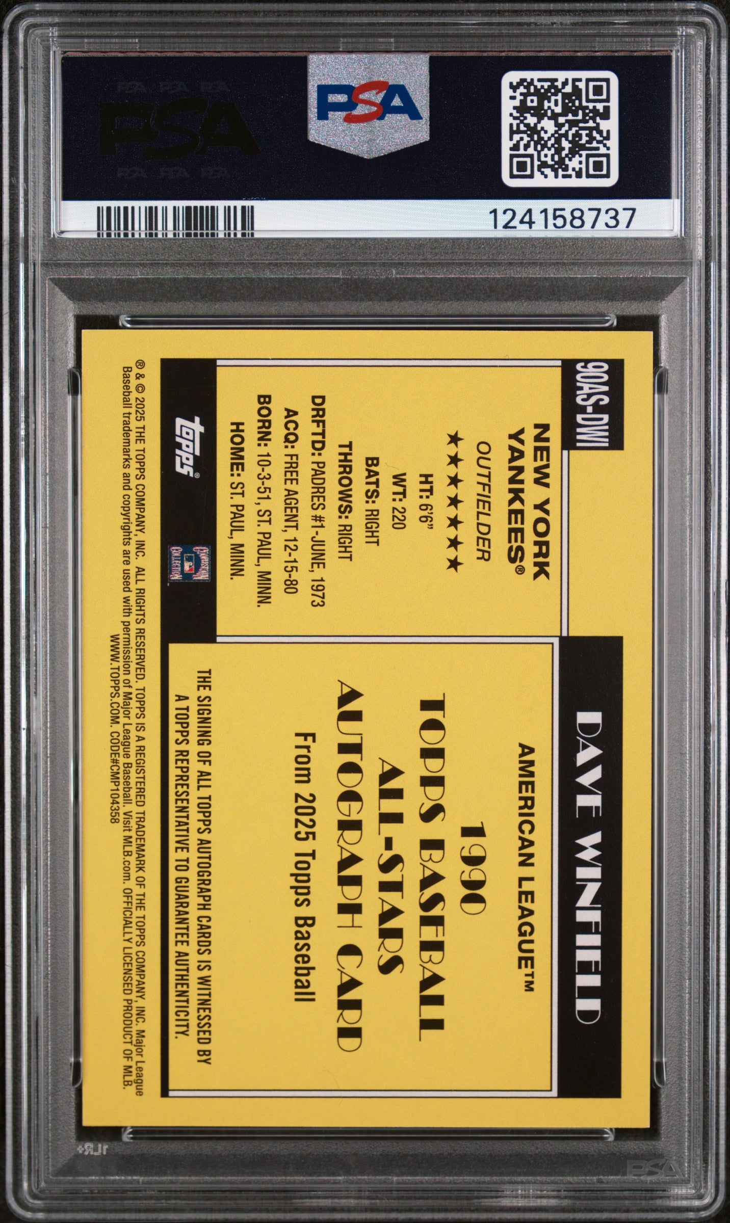 2025 Topps 1990 Topps All-Star Autographs Black Dave Winfield #90ASDWI /10 PSA 9