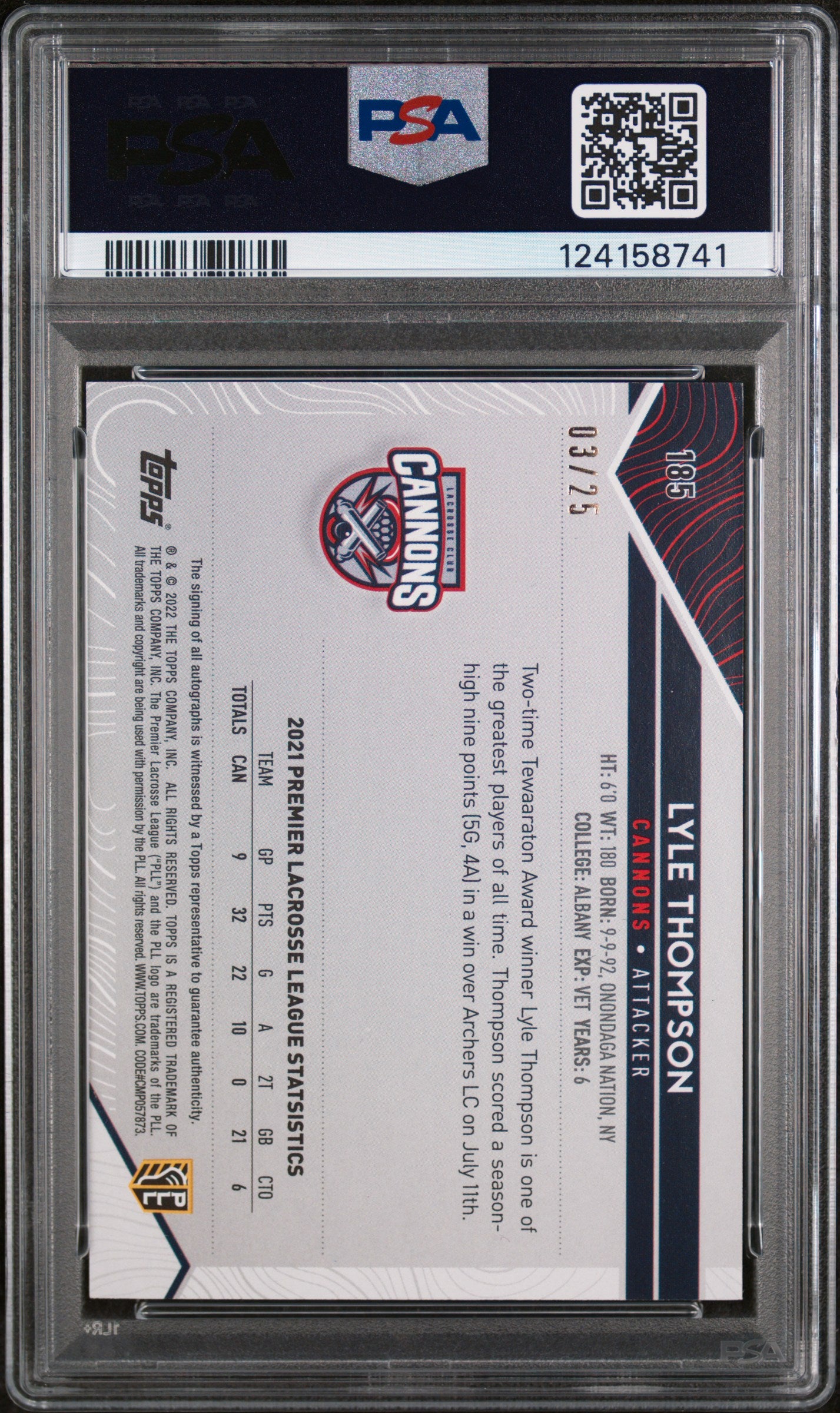 2022 Topps Premier Lacrosse League Autograph Icy Orange Lyle Thompson #185 /25 PSA 10