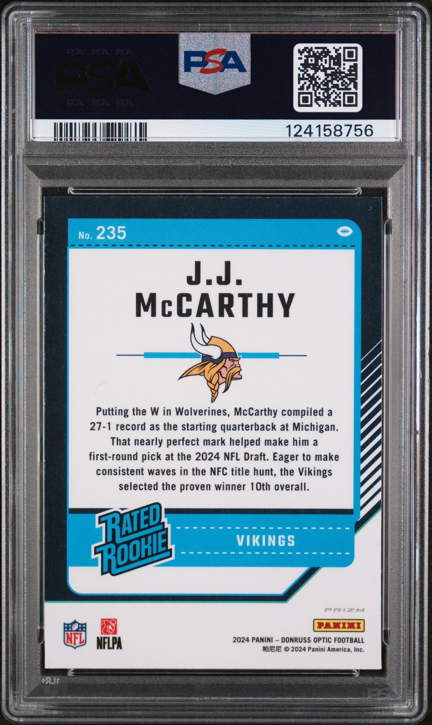 2024 Donruss Optic Rated Rookie Blue Glitter JJ Mccarthy #235 PSA 10