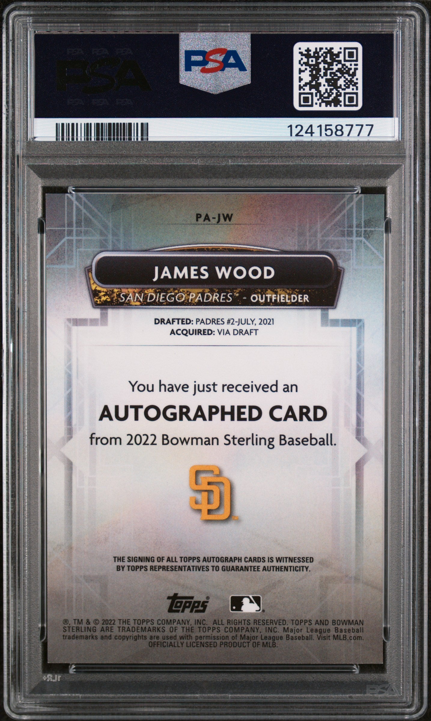 2022 Bowman Sterling Prospect Autographs James Wood #PAJW PSA 8