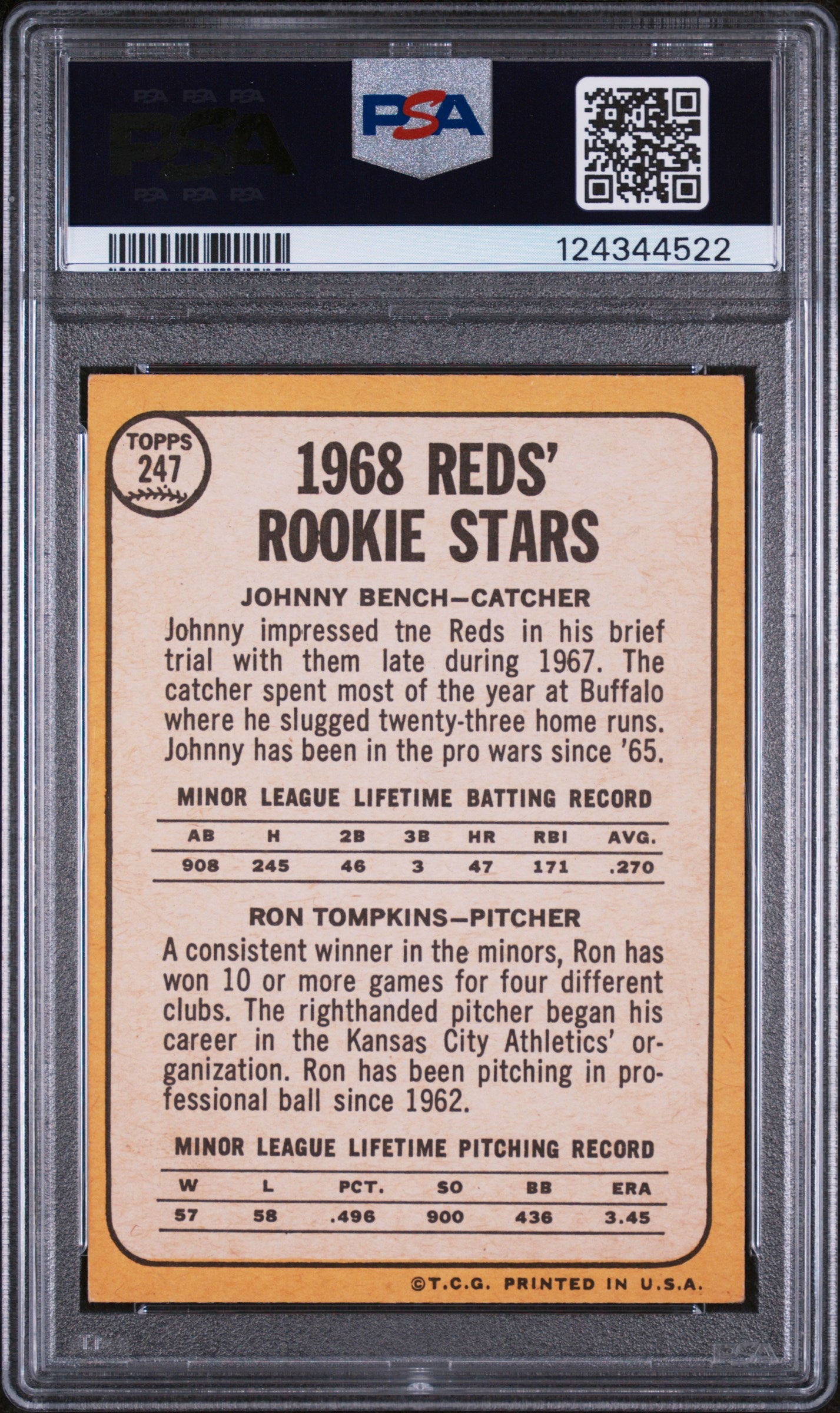 1968 Topps Reds Rookies Johnny Bench/Ron Tompkins #247 PSA 3