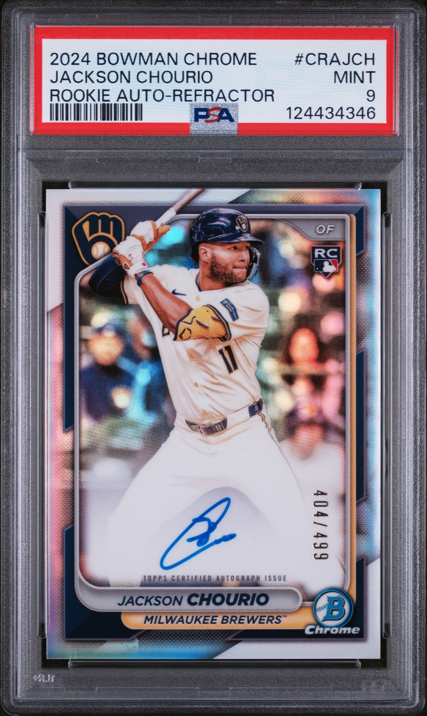 2024 Bowman Chrome Chrome Rookie Autographs Rookie Auto-Refractor Jackson Chourio #CRAJCH /499 PSA 9