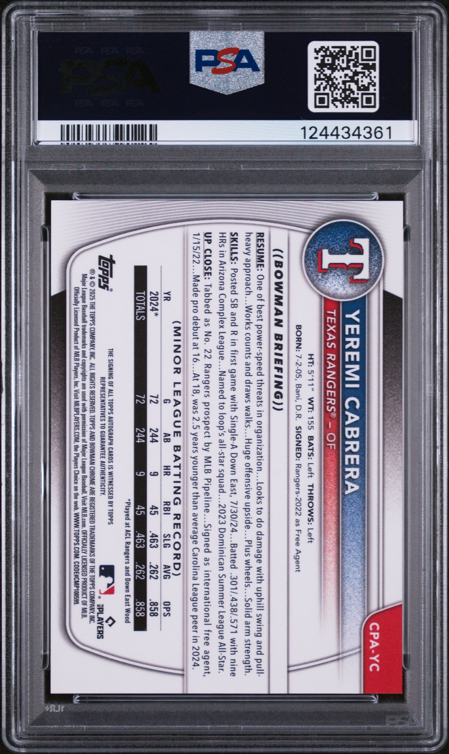 2025 Chrome Prospect Autographs Yeremi Cabrera #CPAYC PSA 10