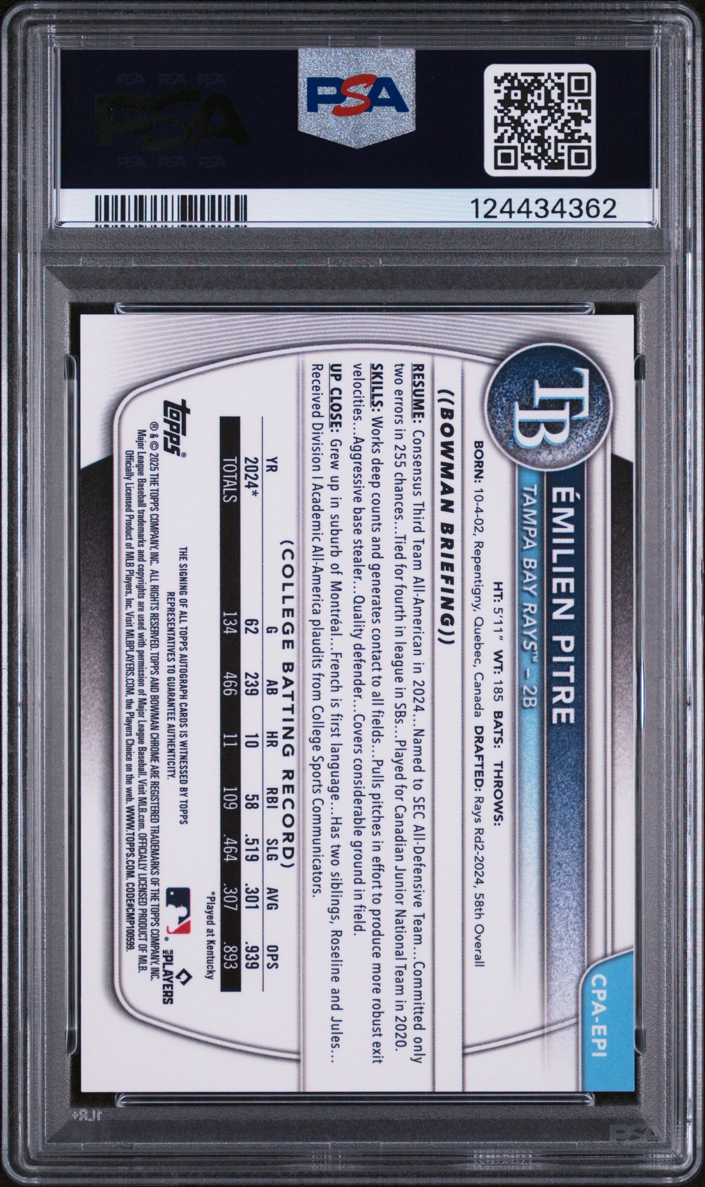 2025 Bowman Chrome Prospect Autograph Emilien Pitre #CPAEPI PSA 10
