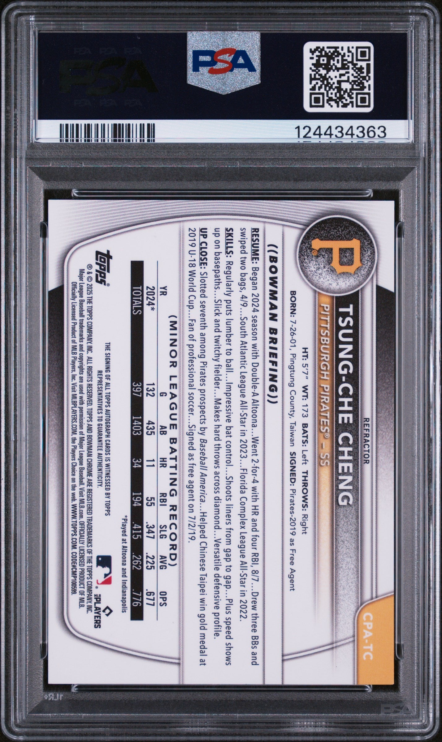 2025 Bowman Chrome Prospect Autograph Refractor Tsung-Che Cheng #CPATC /499 PSA 8