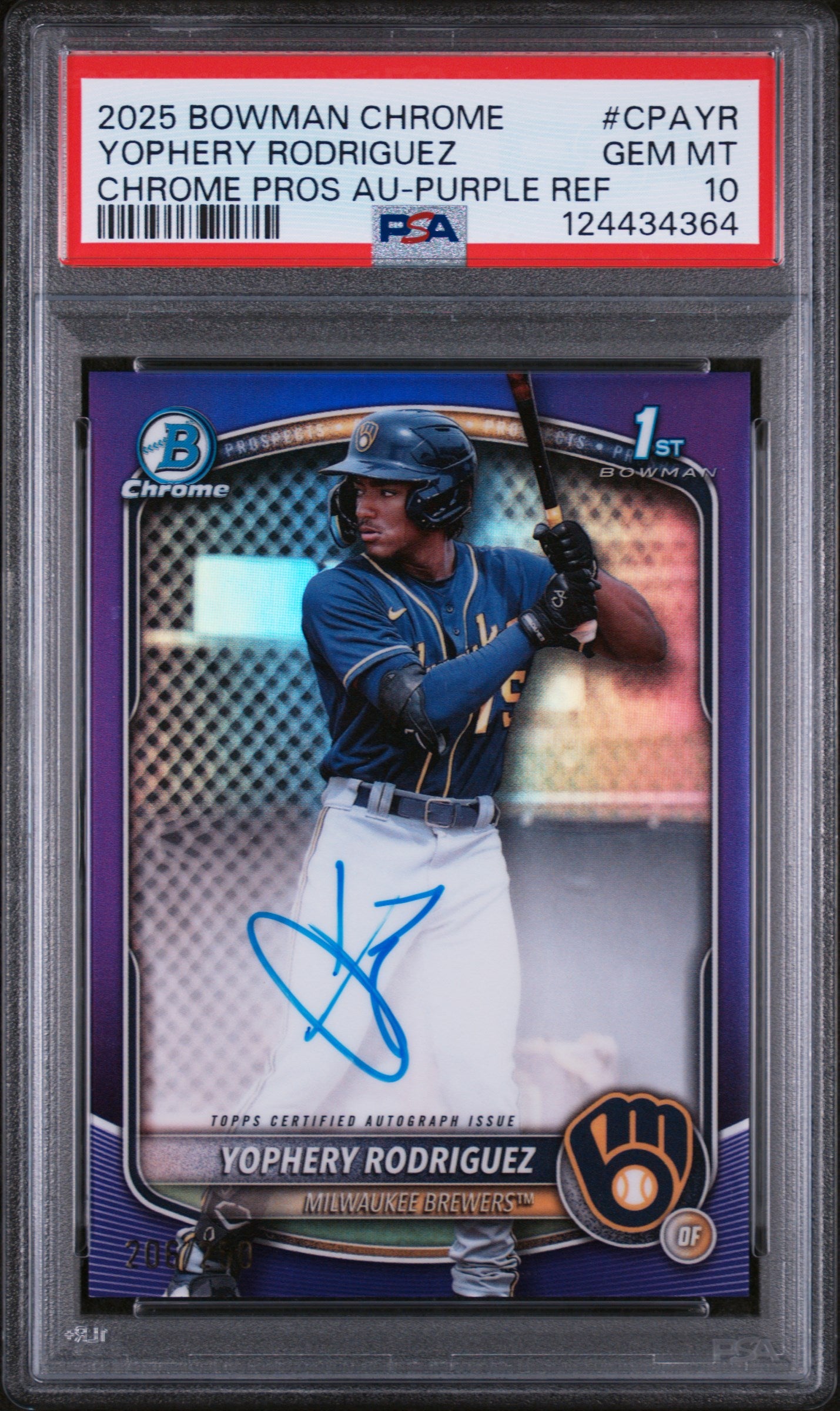 2025 Bowman Chrome Prospect Autograph Purple Refractor Yophery Rodriguez #CPAYR /250 PSA 10