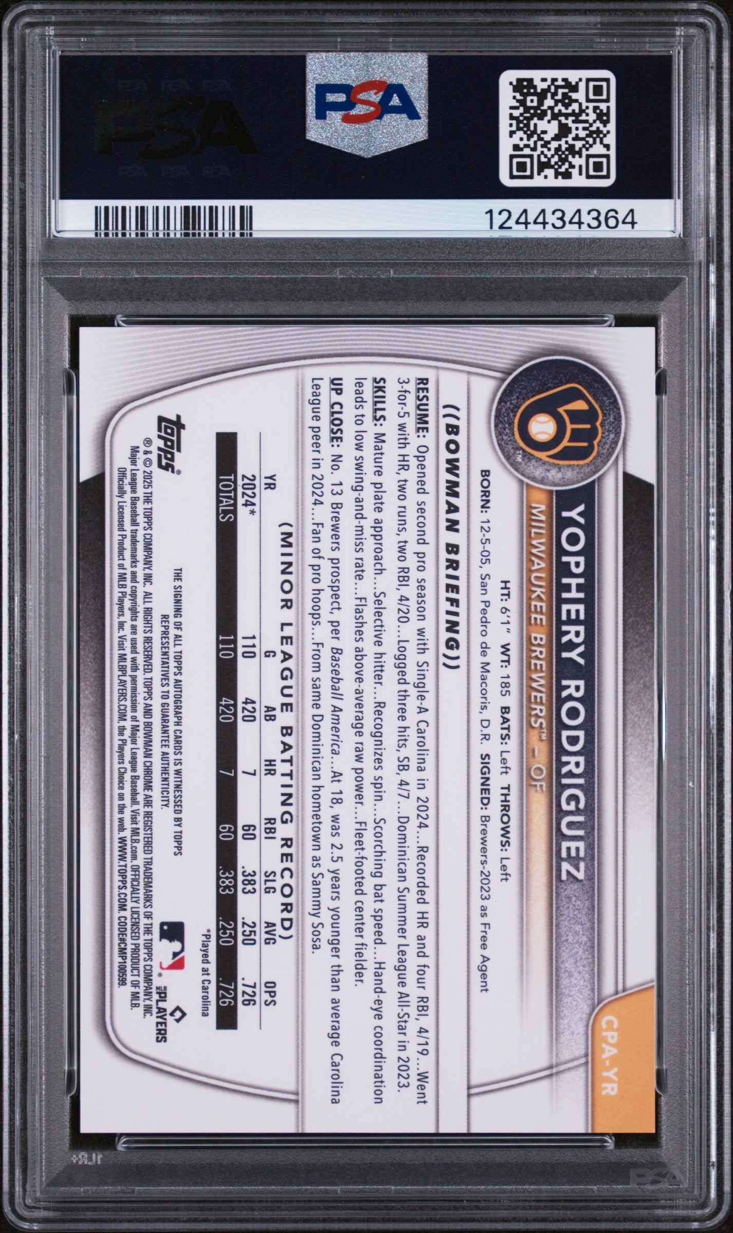 2025 Bowman Chrome Prospect Autograph Purple Refractor Yophery Rodriguez #CPAYR /250 PSA 10