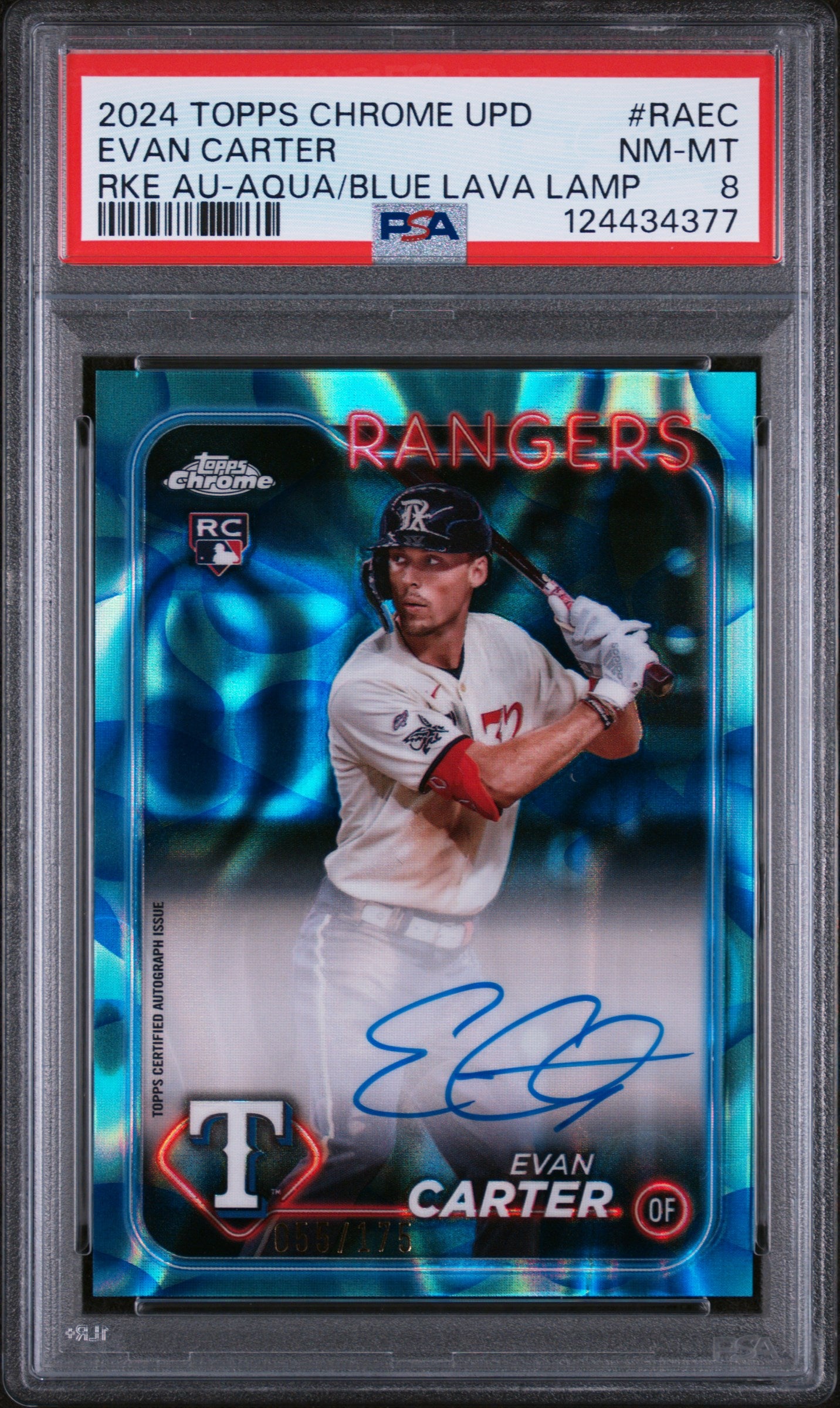 2024 Topps Chrome Update Chrome Rookie Autographs Rke Au-Aq/Blue Lv Lamp Evan Carter #RAEC /175 PSA 8