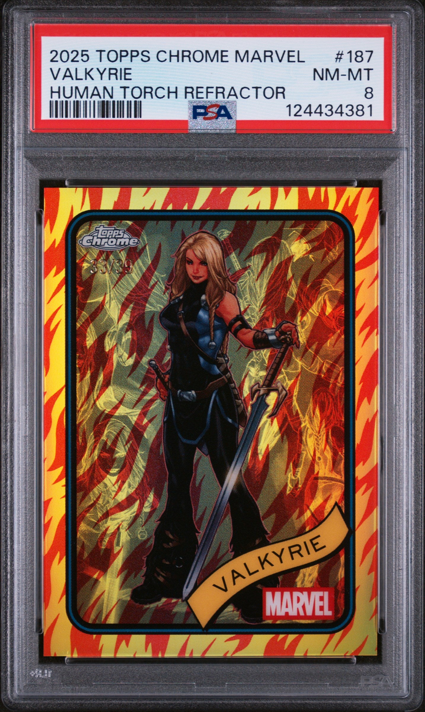 2025 Topps Chrome Marvel Human Torch Refractor Valkyrie #187 /99 PSA 8