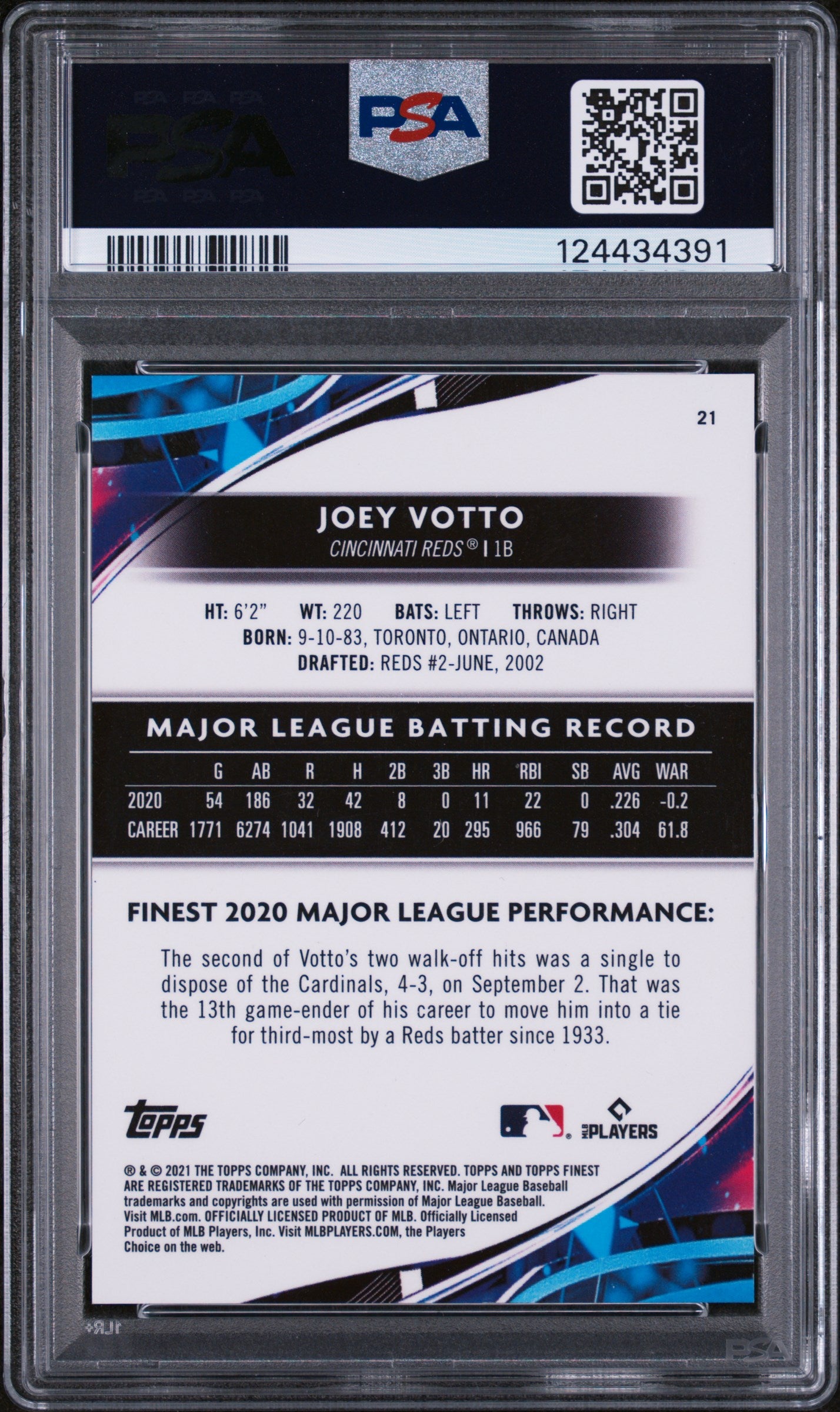 2021 Topps Finest Aqua Refractor Joey Votto #21 PSA 10