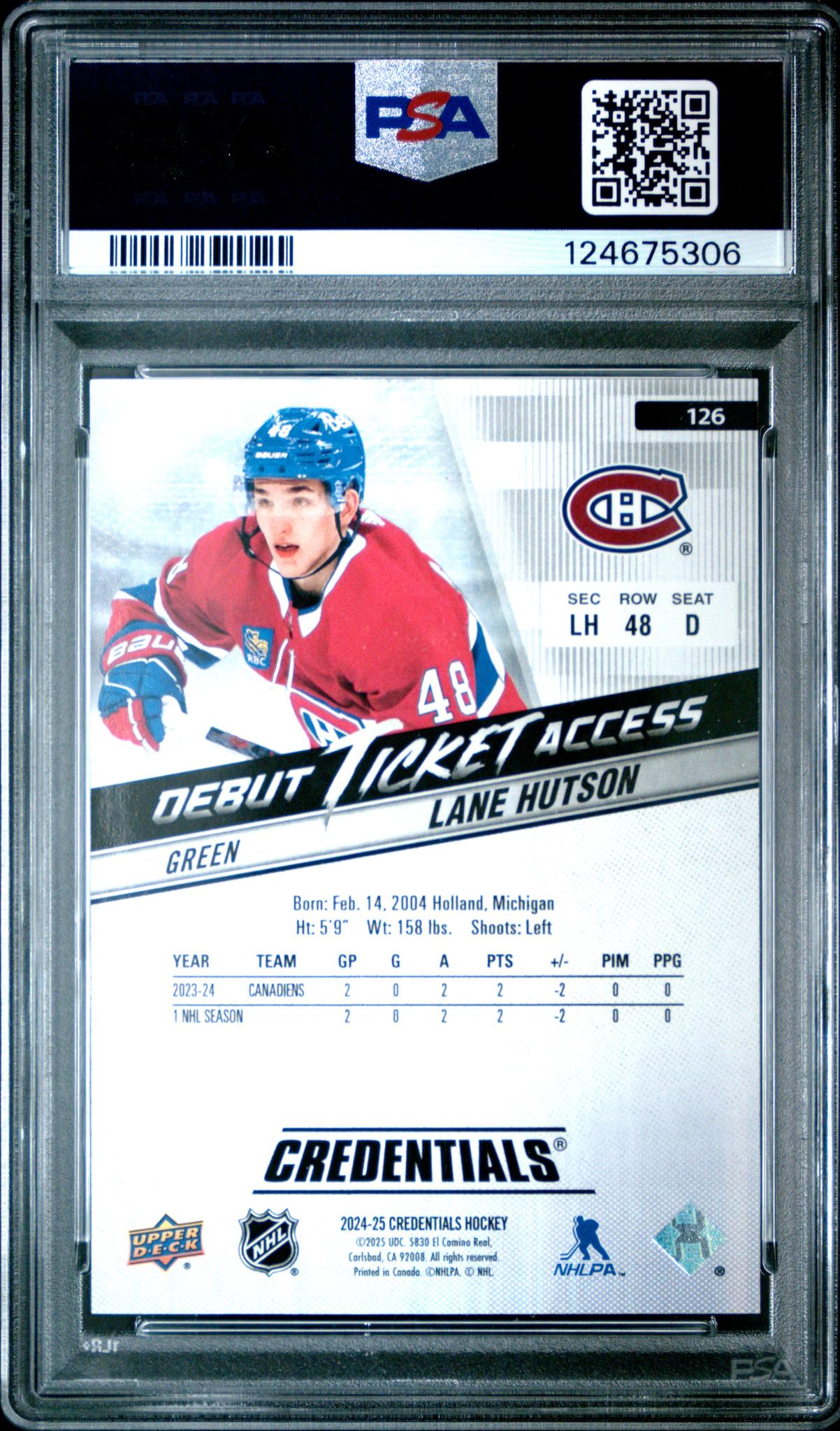 2024 Upper Deck Credentials Green Lane Hutson #126 /25 PSA 10