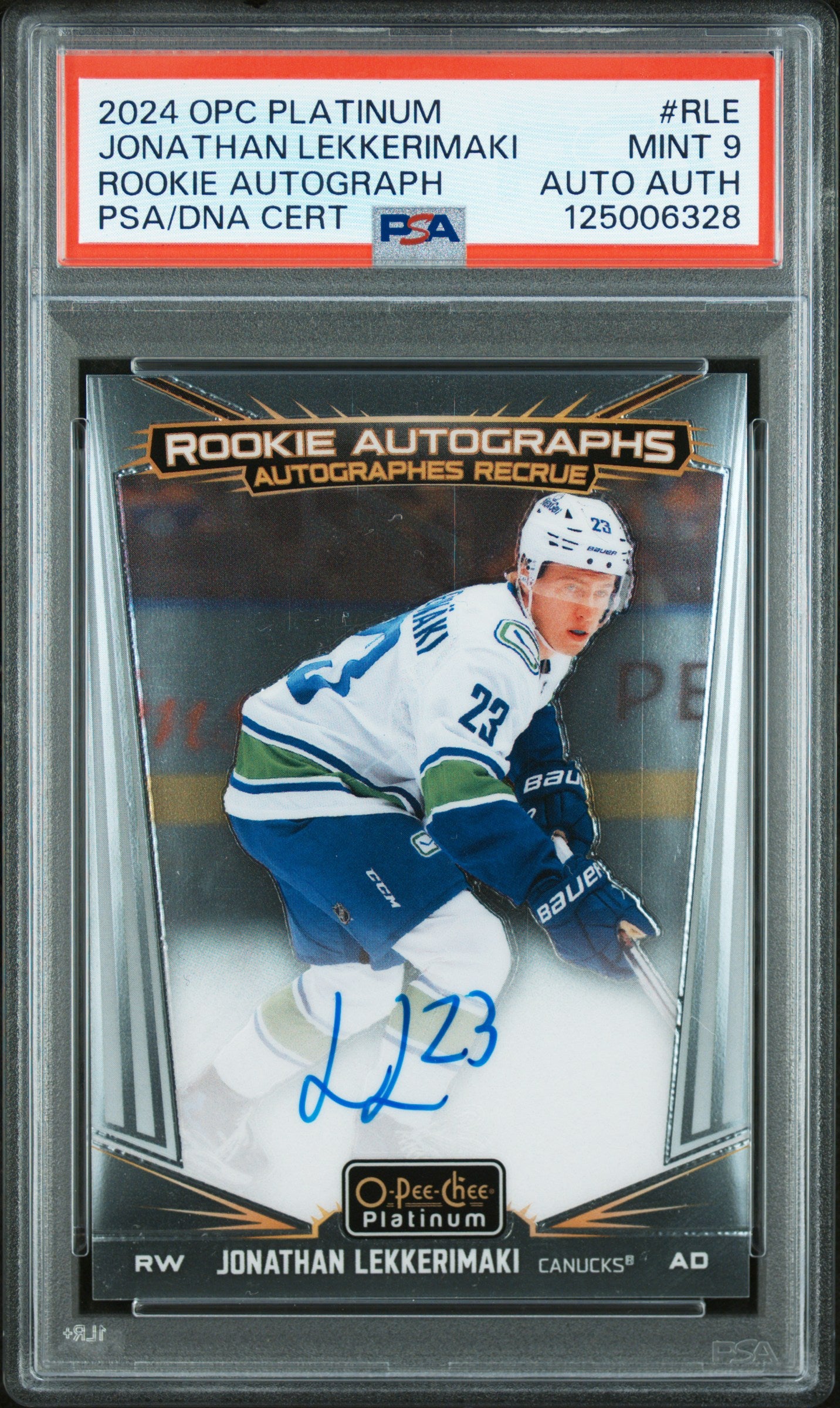 2024 O-Pee-Chee Platinum Rookie Autographs Jonathan Lekkerimaki #R-LE Auto PSA 9