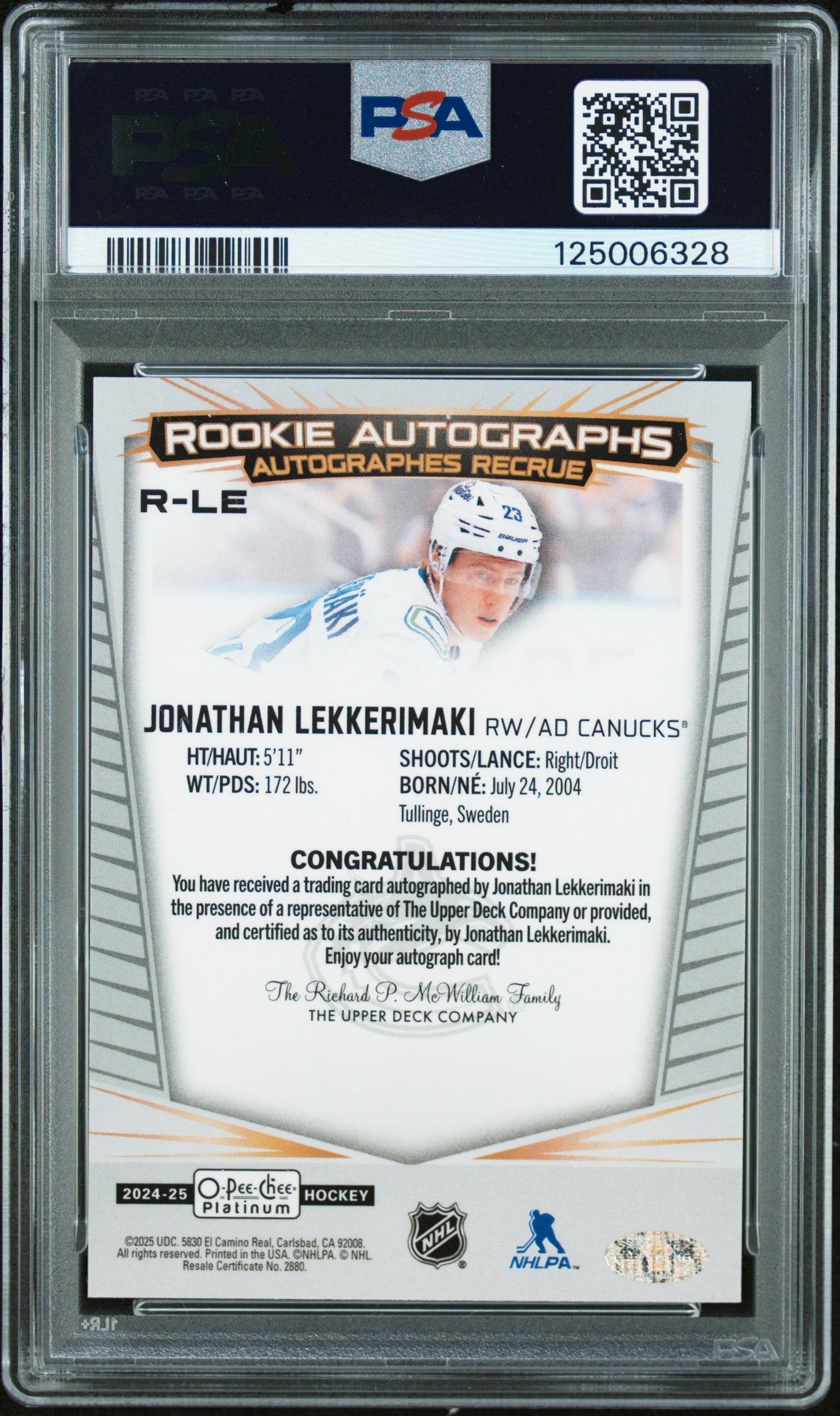 2024 O-Pee-Chee Platinum Rookie Autographs Jonathan Lekkerimaki #R-LE Auto PSA 9