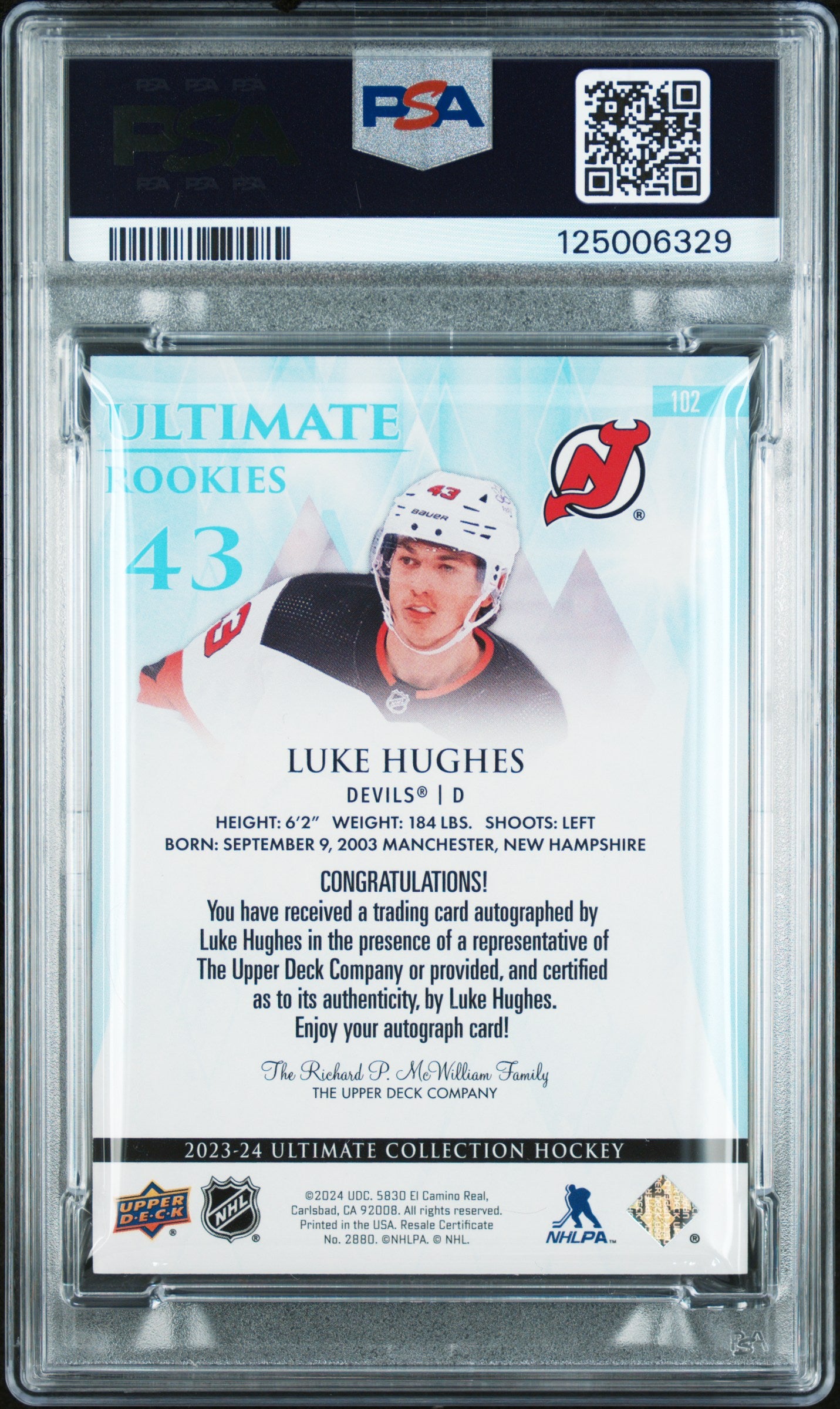 2023 Upper Deck Ultimate Collection Autograph Luke Hughes #102 /99 PSA 9