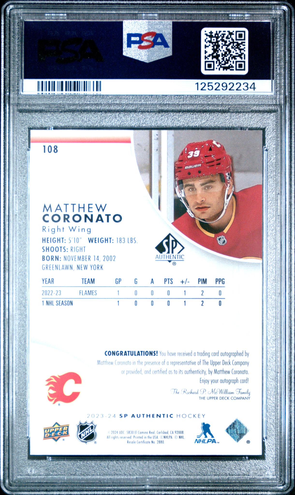 2023 SP Authentic Matthew Coronato #108 /999 PSA 9