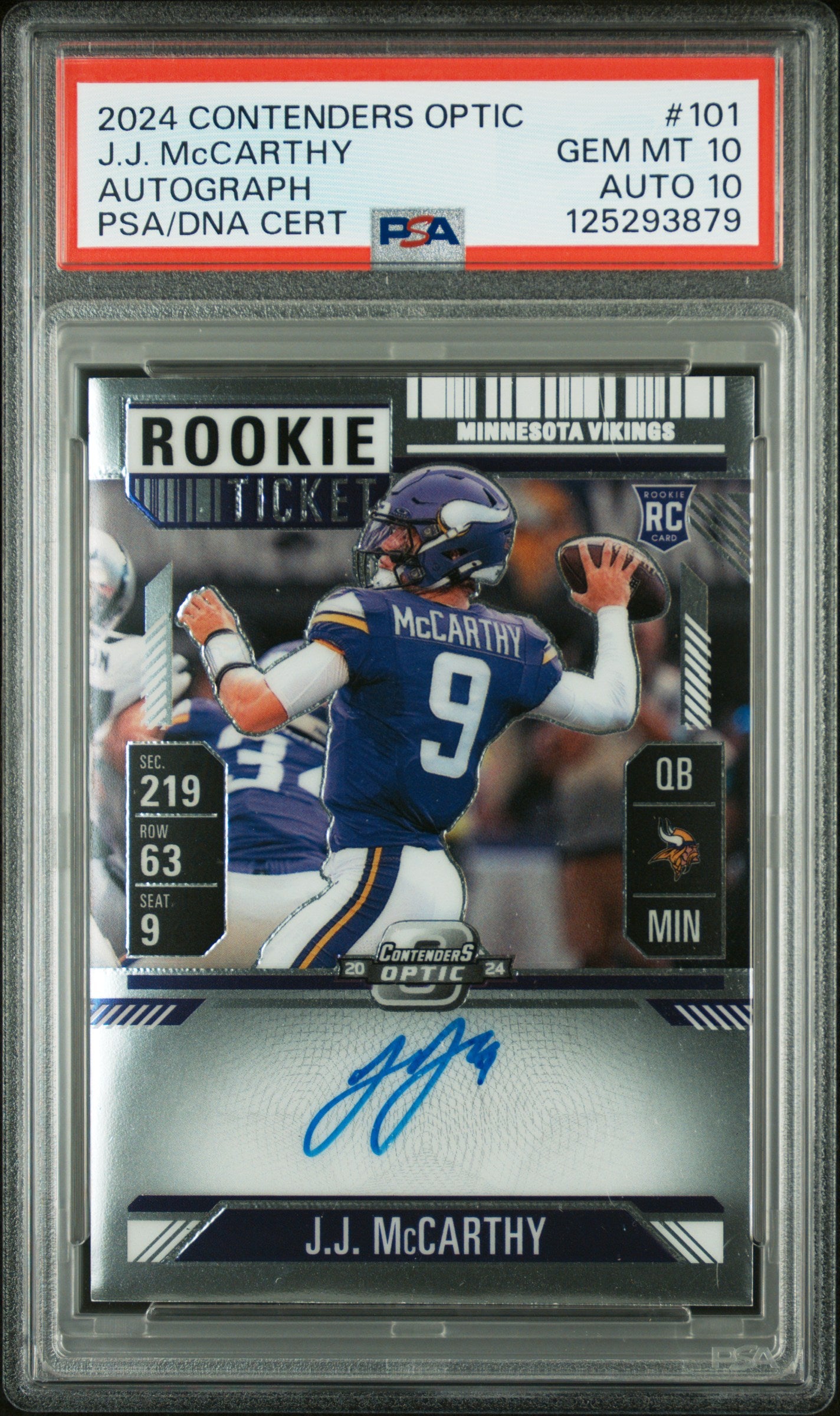 2024 Panini Contenders Optic Rookie Tkt JJ McCarthy #101 RC Auto PSA 10 Auto 10