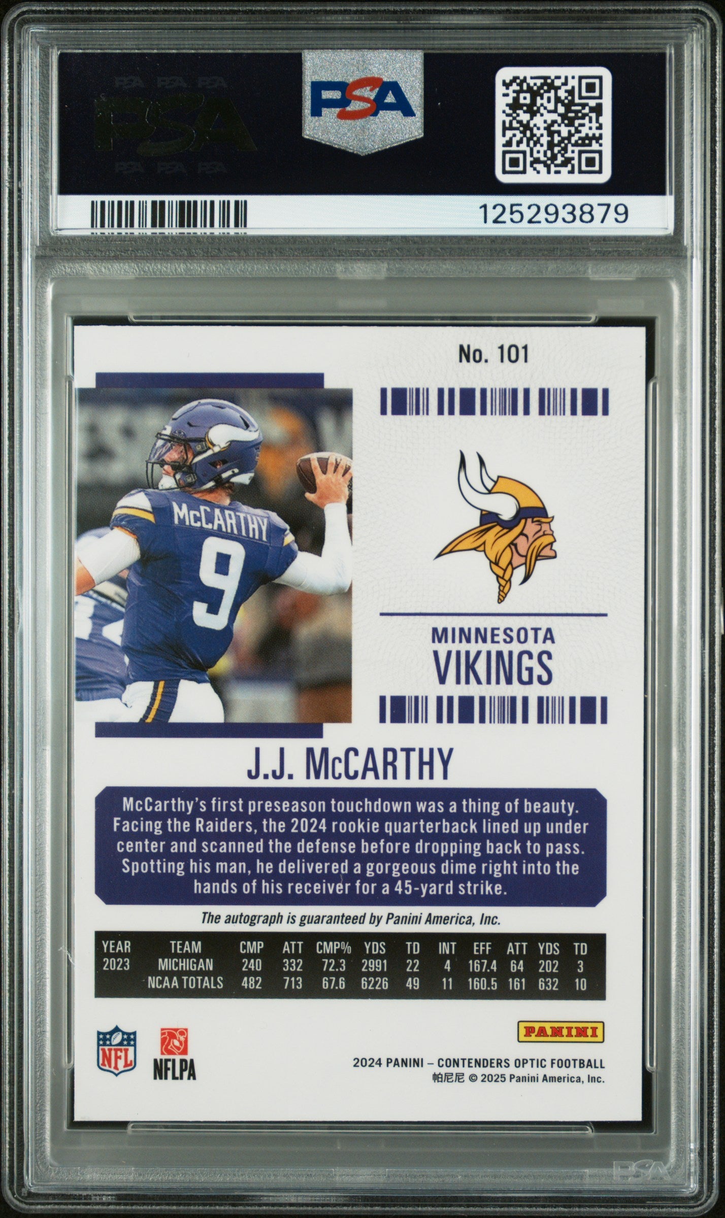 2024 Panini Contenders Optic Rookie Tkt JJ McCarthy #101 RC Auto PSA 10 Auto 10