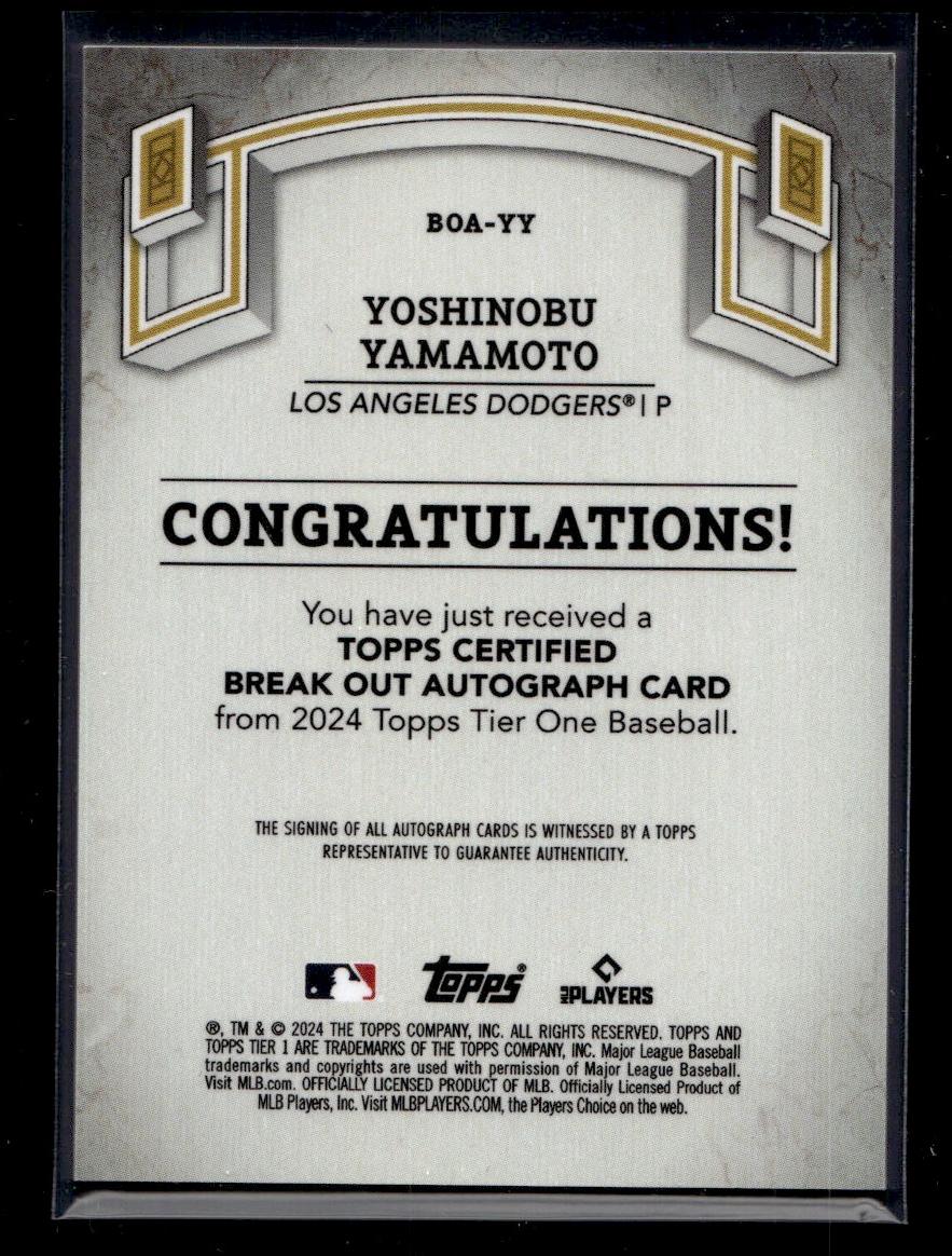 2024 Topps Tier One BOA-YY Yoshinobu Yamamoto Break Out Autograph Rookie /25 Los Angeles Dodgers