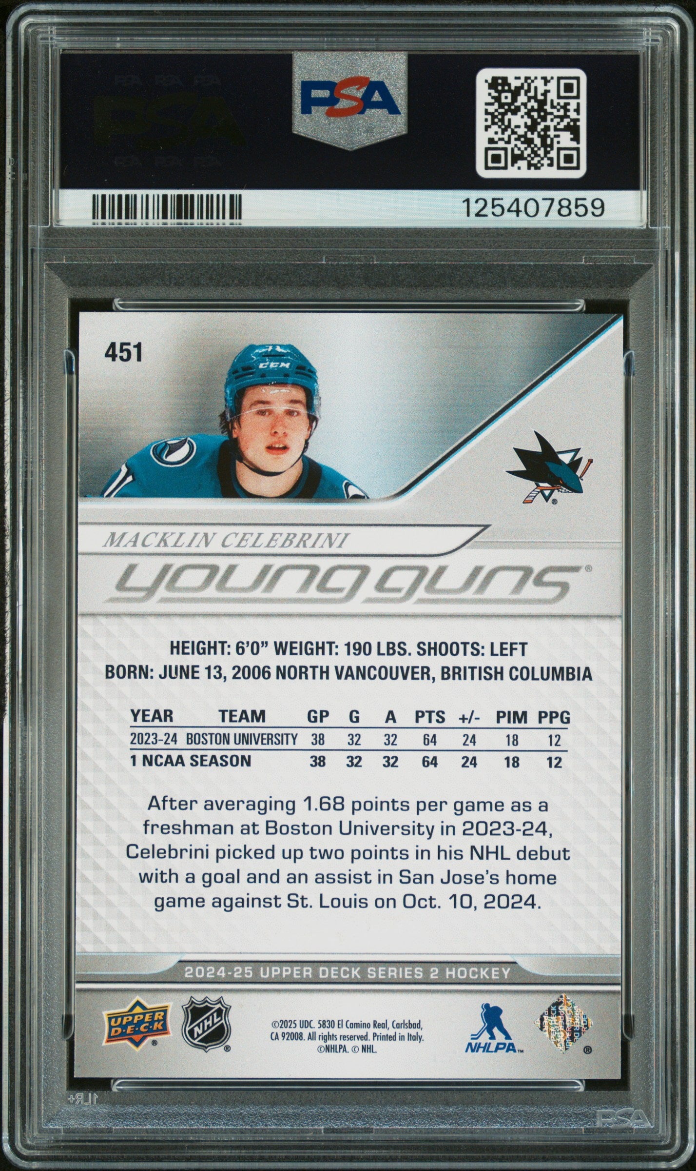 2024 Upper Deck Young Guns Macklin Celebrini #451 PSA 9