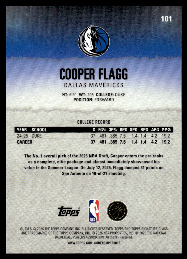 2026 Topps Signature Class #101 Cooper Flagg Rookie RC Gold Refractor /10