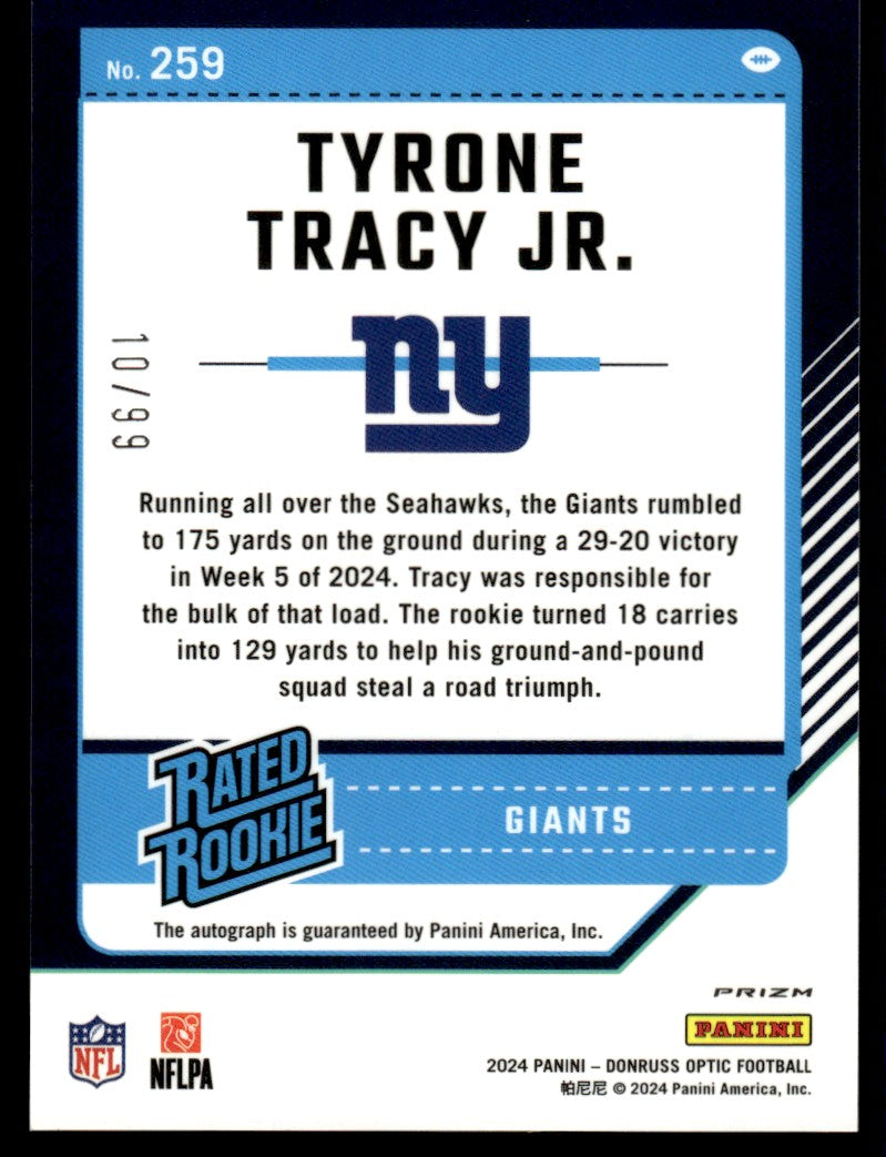 2024 Donruss Optic #259 Tyrone Tracy Jr. Rated Rookie Auto Blue /99