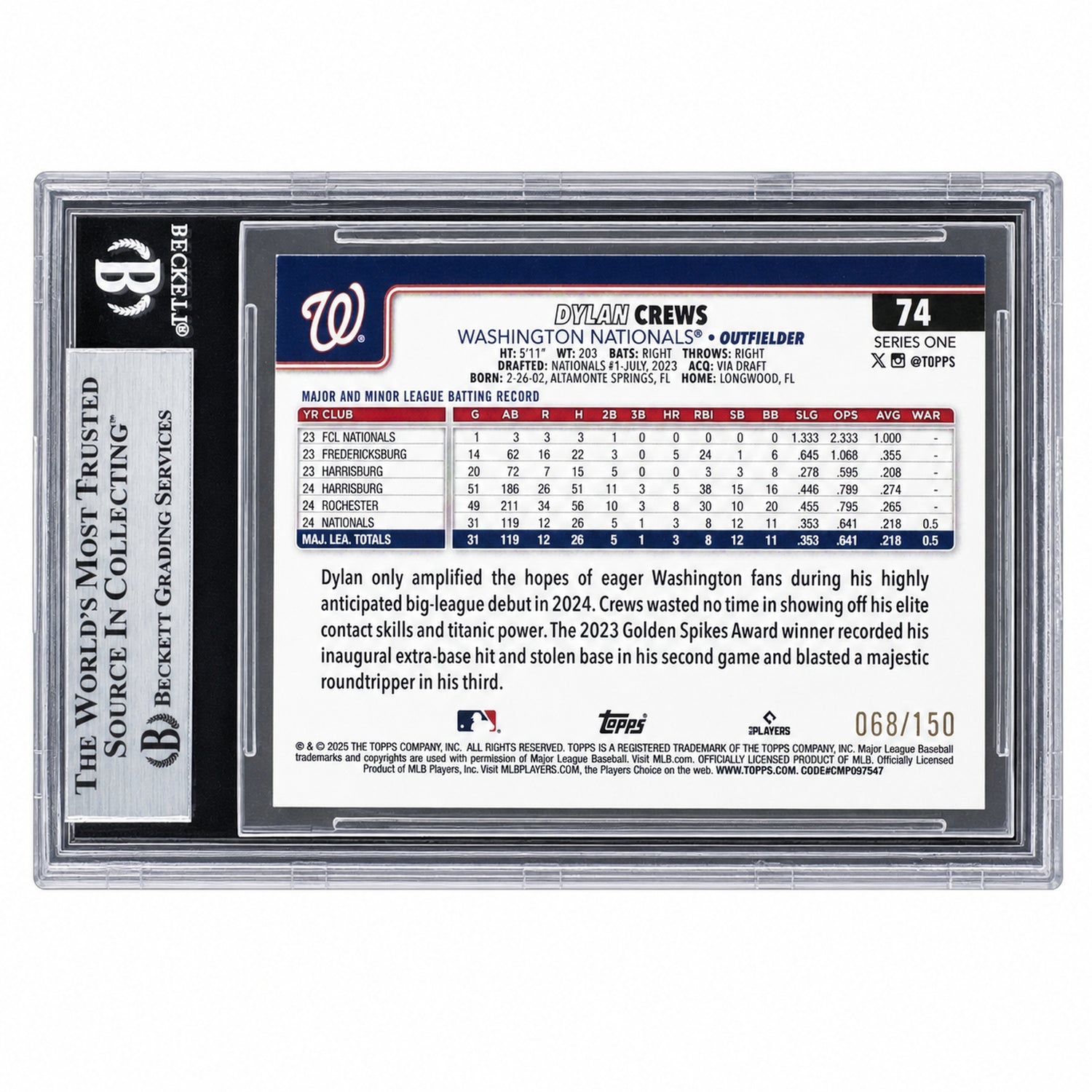 2025 Topps Dylan Crews #74 Blue Holo Foil /150 Rookie RC BGS 9