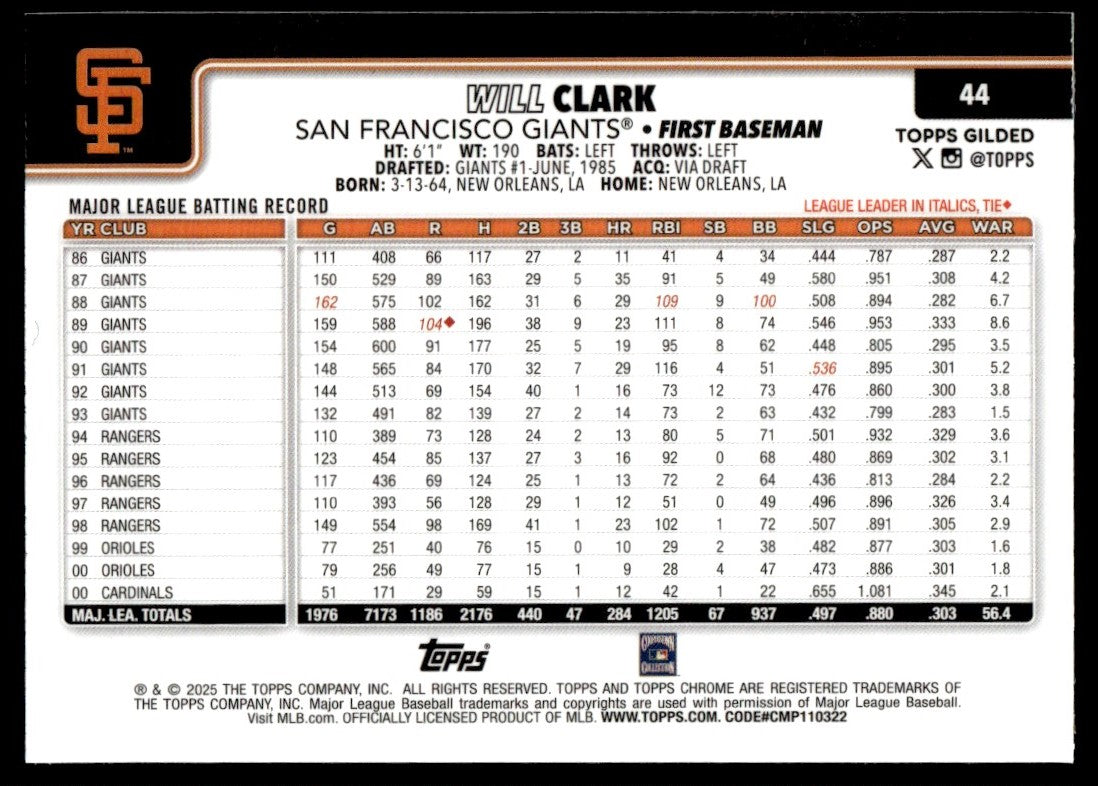 2025 Topps Chrome Gilded #44 Will Clark Gold /75