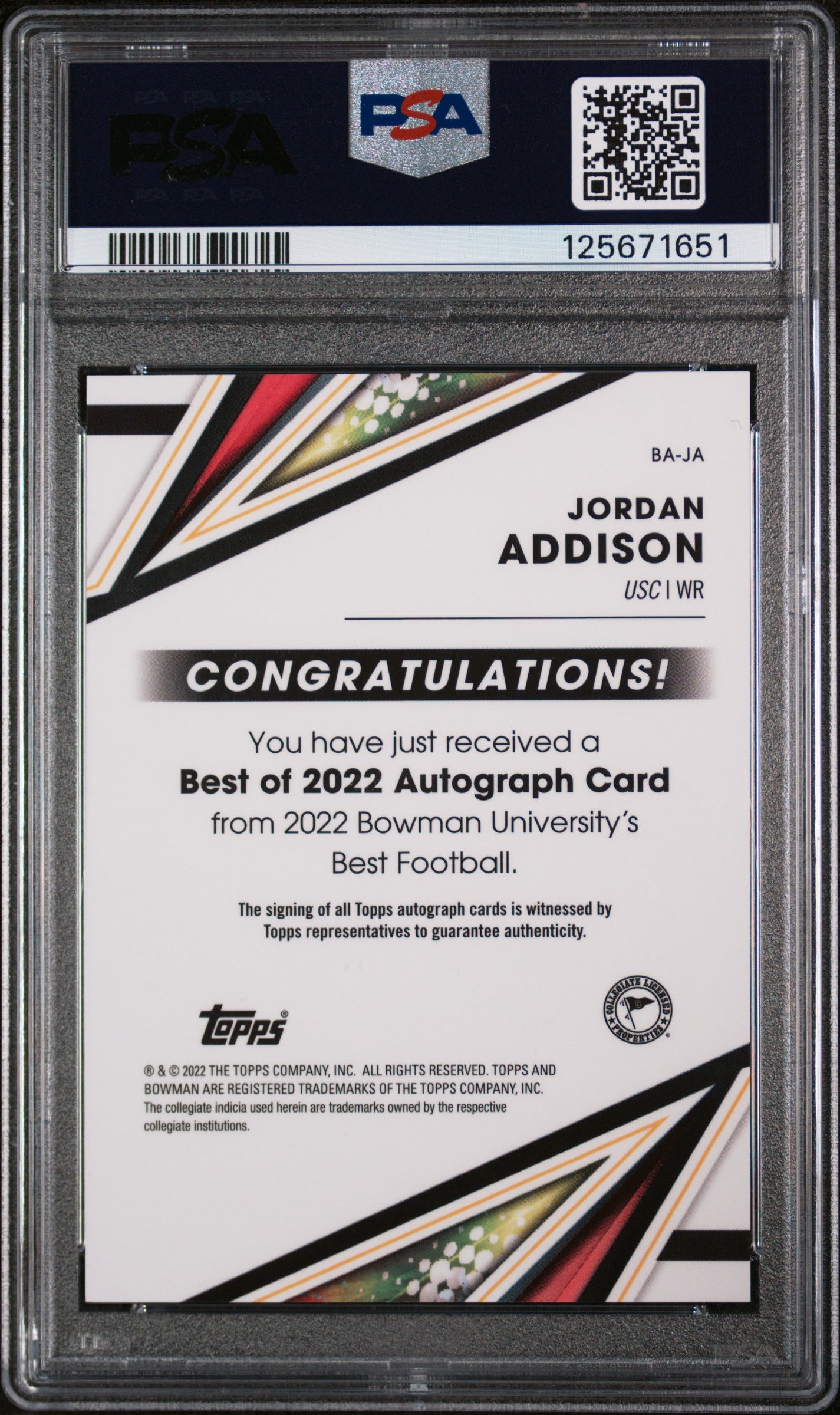 2022 Bowman's Best University Best of 2022 Autographs Jordan Addison #BAJA PSA 9