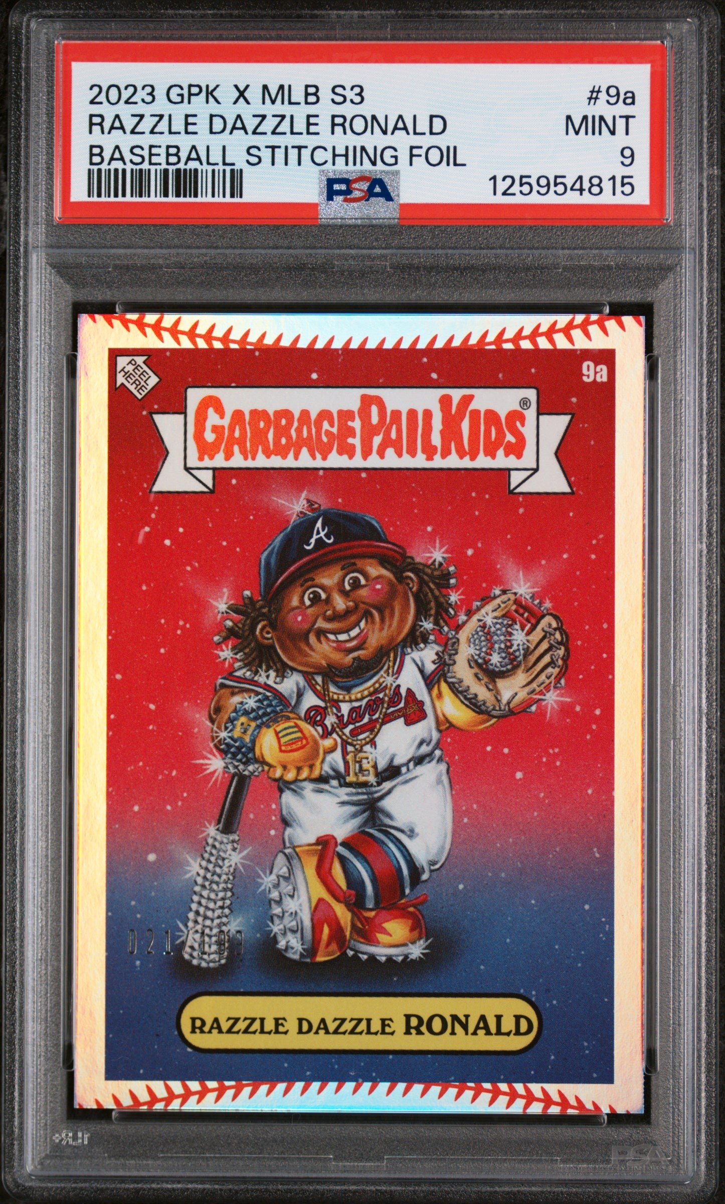 2023 Topps Garbage Pail Kids X MLB Series 3 Baseball Stitching Foil Razzle Dazzle Ronald #9A /299 PSA 9