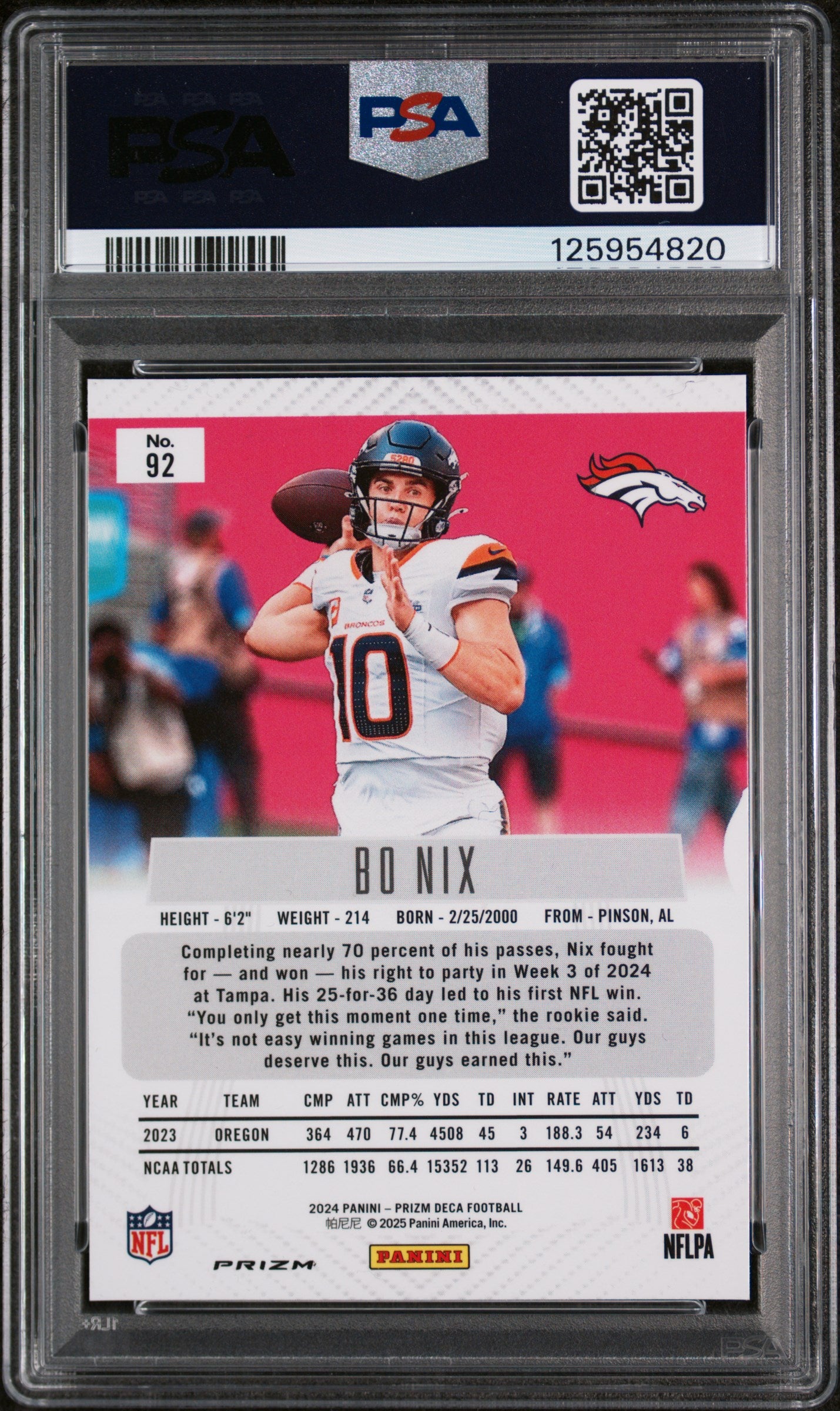 2024 Panini Prizm Deca Silver Prizm Bo Nix #92 PSA 8