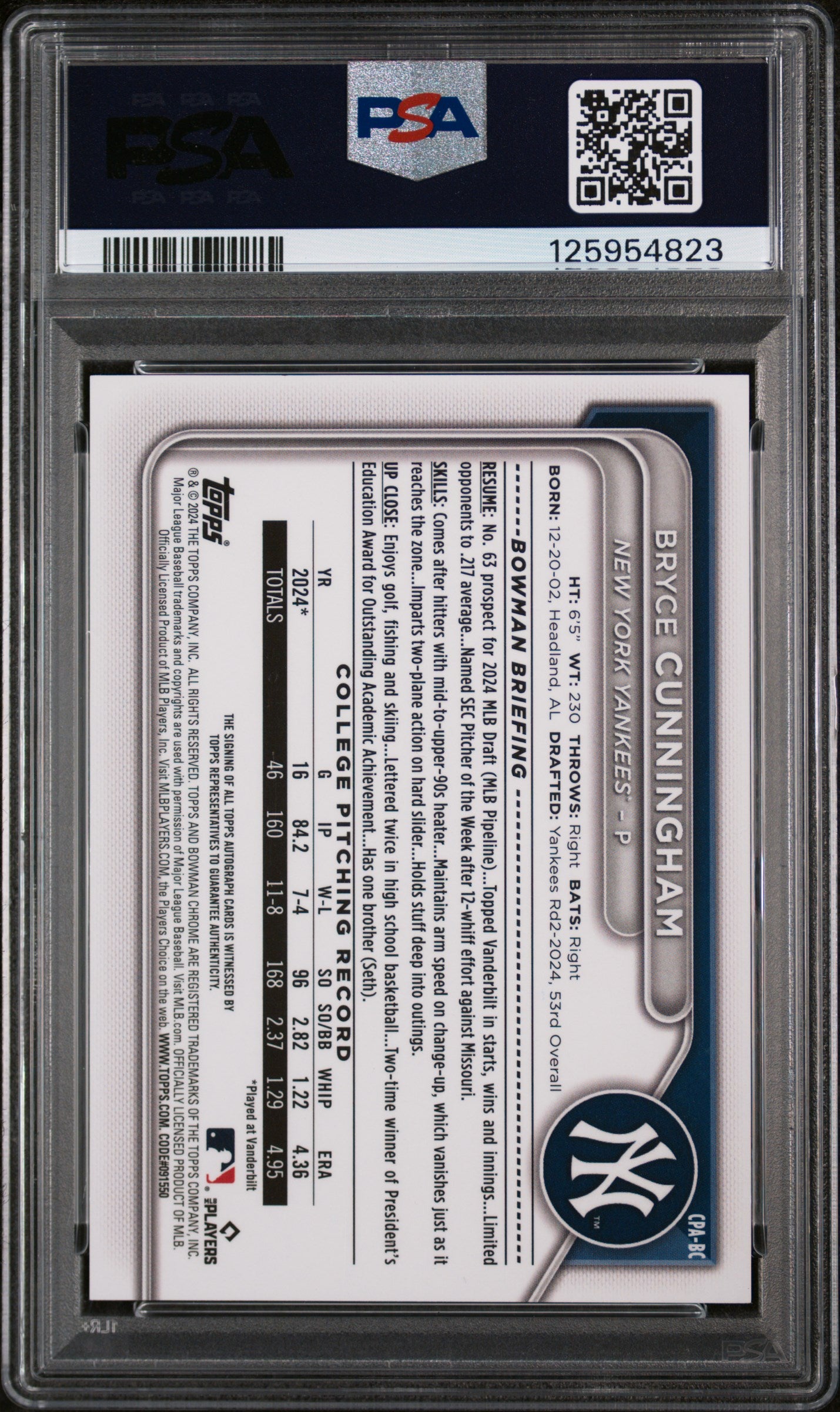 2024 Bowman Draft Chrome Prospect Autographs Gold Wave Bruce Cunningham #CPABC /50 PSA 10