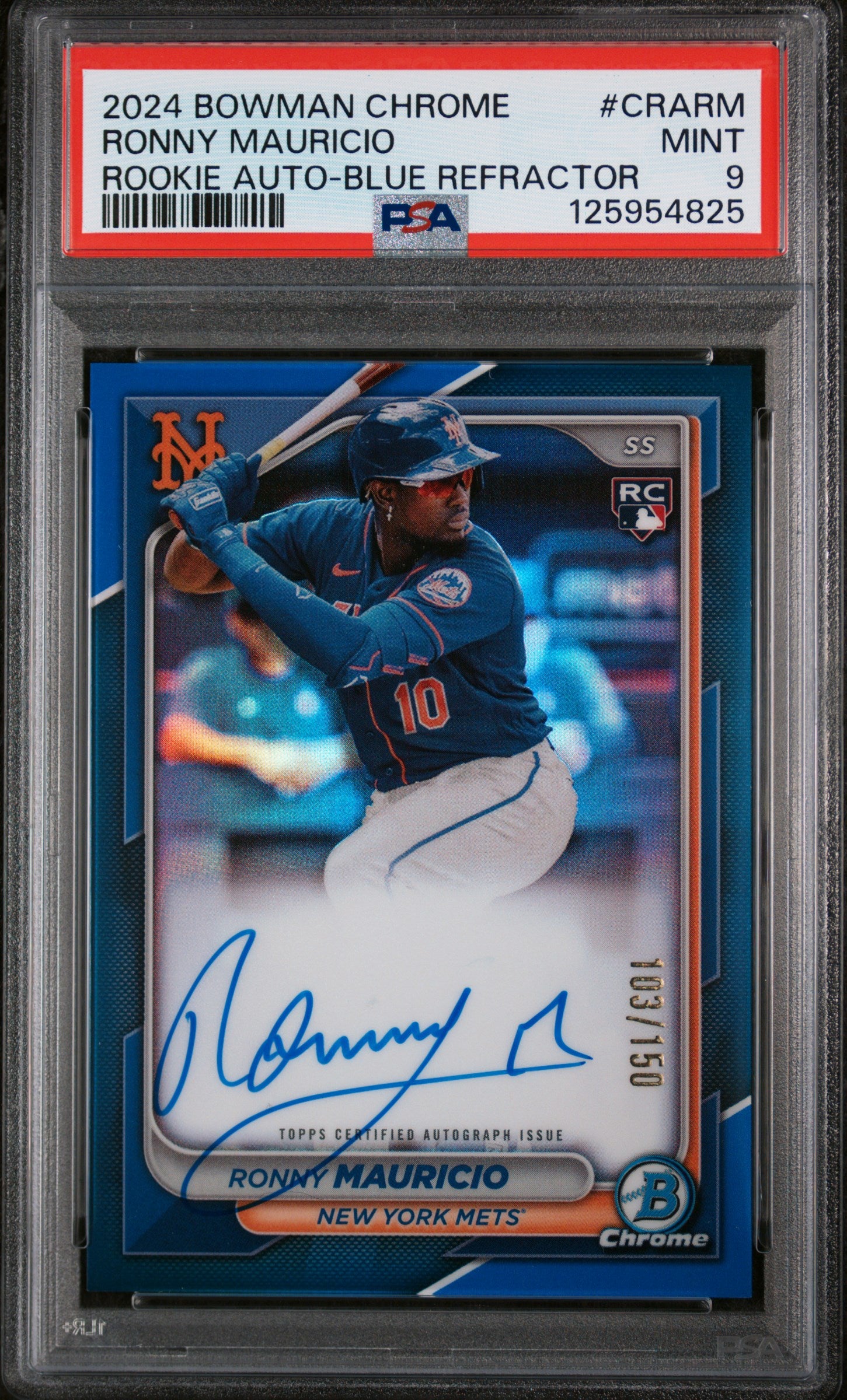 2024 Bowman Chrome Chrome Rookie Autographs Rookie Auto-Blue Refractor Ronny Mauricio #CRARM /150 PSA 9