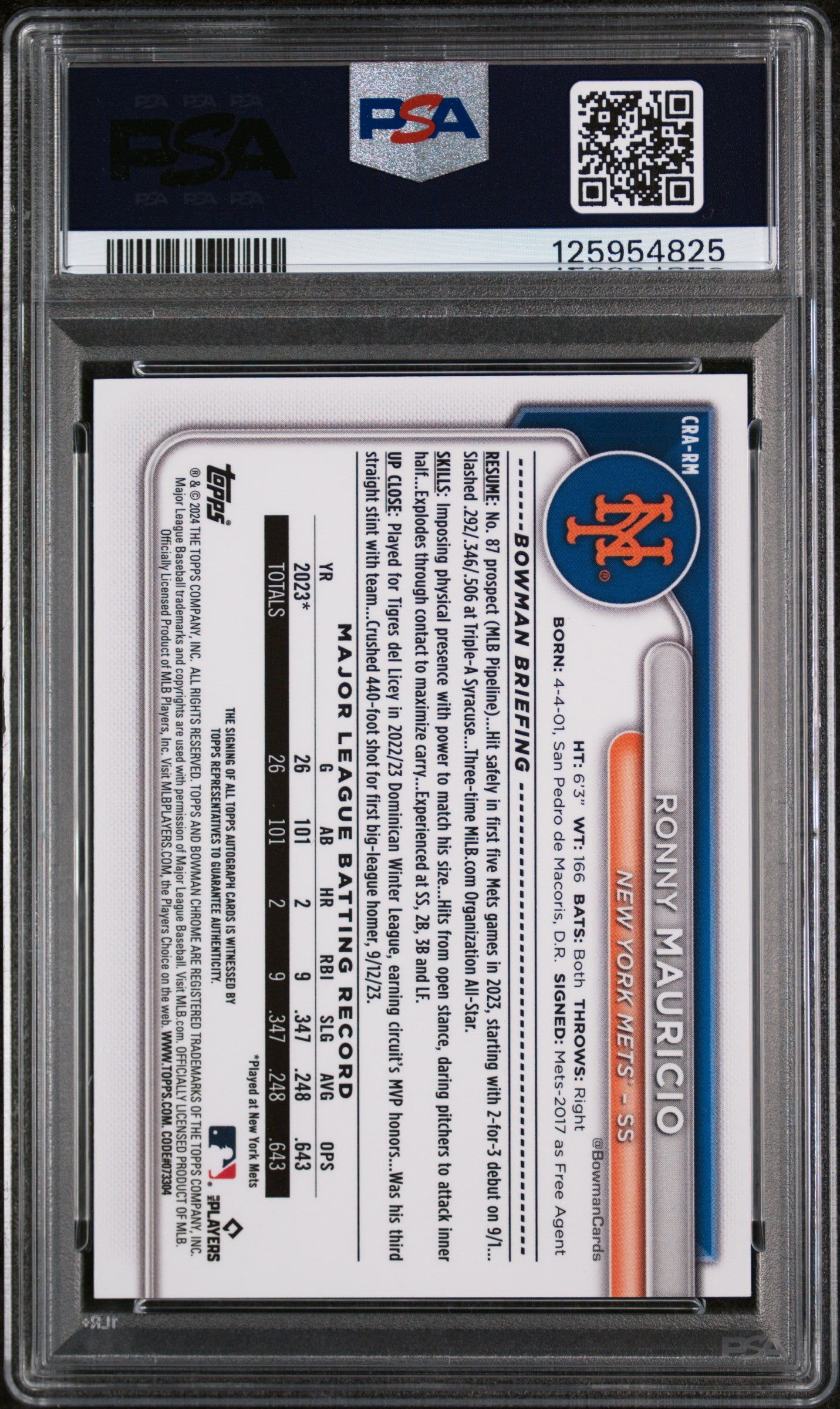 2024 Bowman Chrome Chrome Rookie Autographs Rookie Auto-Blue Refractor Ronny Mauricio #CRARM /150 PSA 9