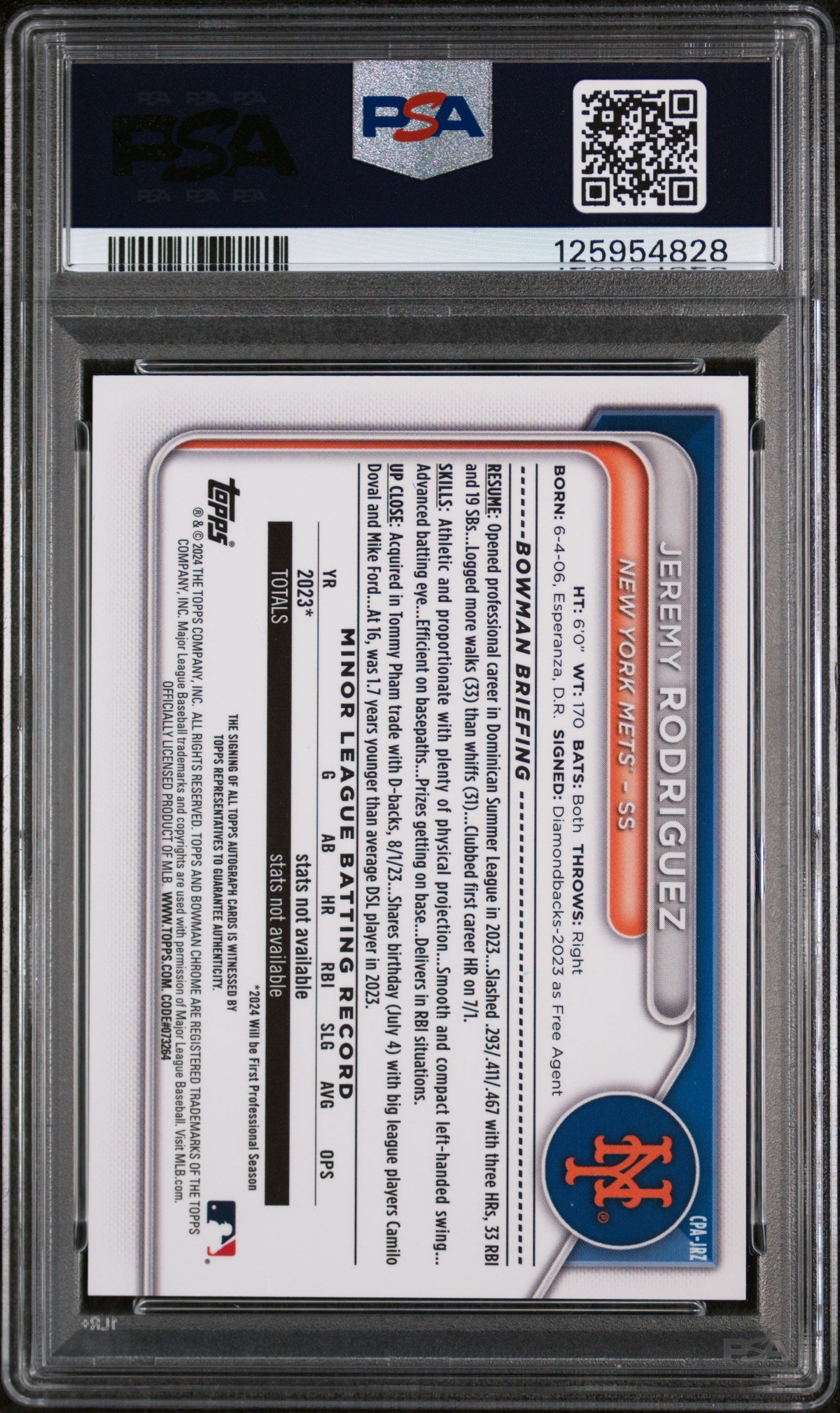2024 Bowman Chrome Prospect Autographs Prspct Au-Mini Diamond Ref Jermy Rodriguez #CPAJRZ /100 PSA 8