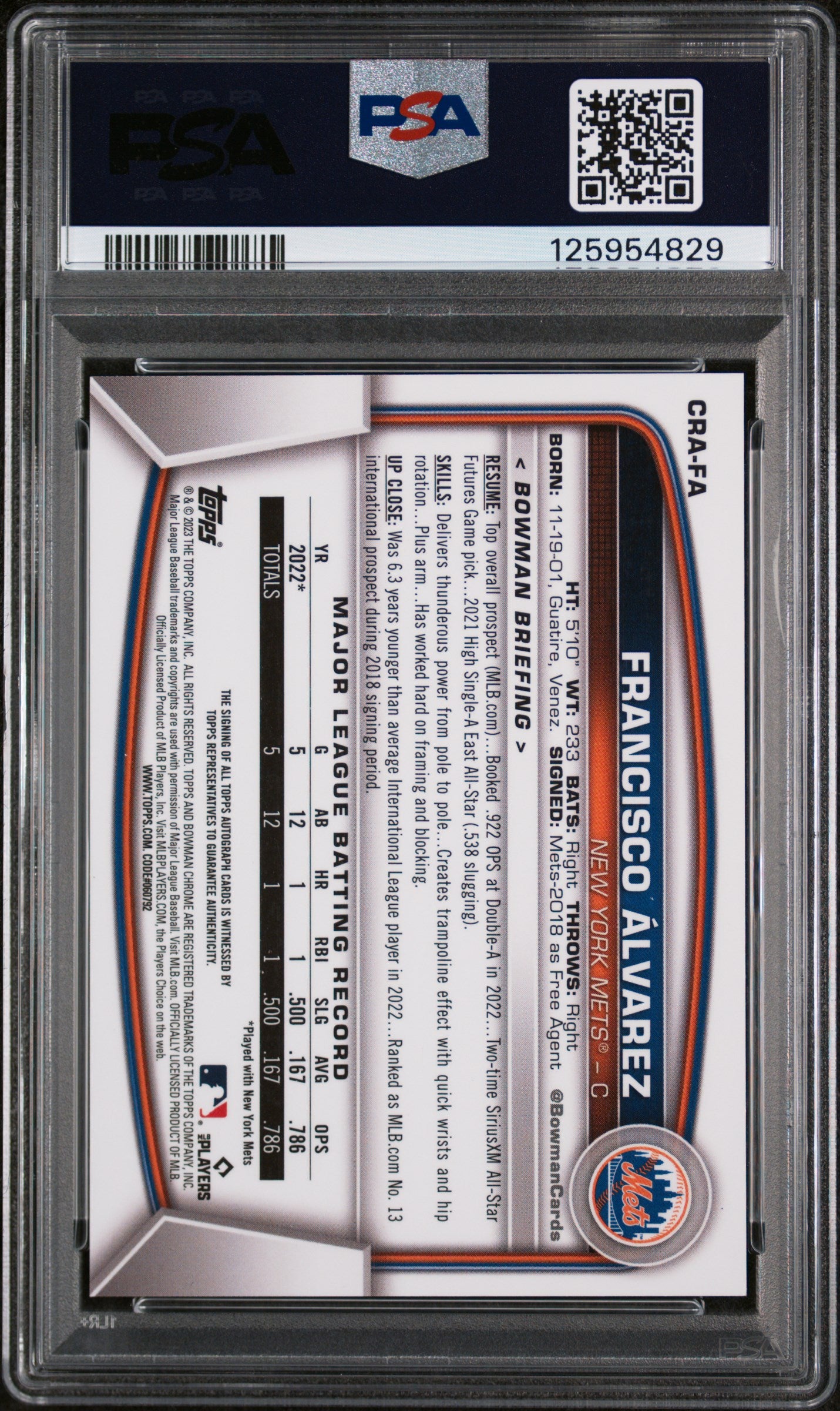 2023 Bowman Chrome Rookie Autograph Green Refractor Francisco Alvarez #CRAFA /99 PSA 10