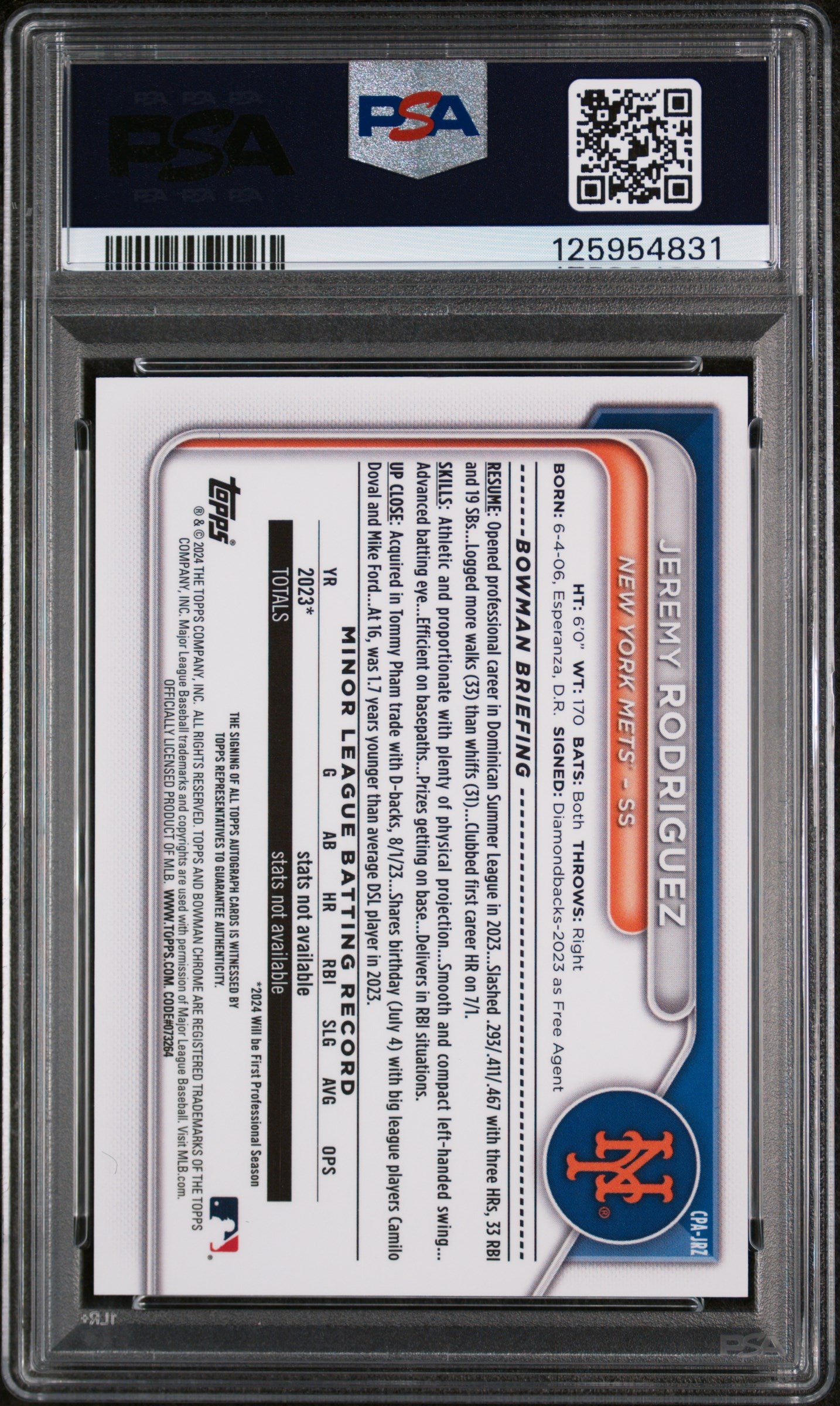 2024 Bowman Chrome Prospect Autographs Prospect Au-Green Lava Jermy Rodriguez #CPAJRZ /99 PSA 9