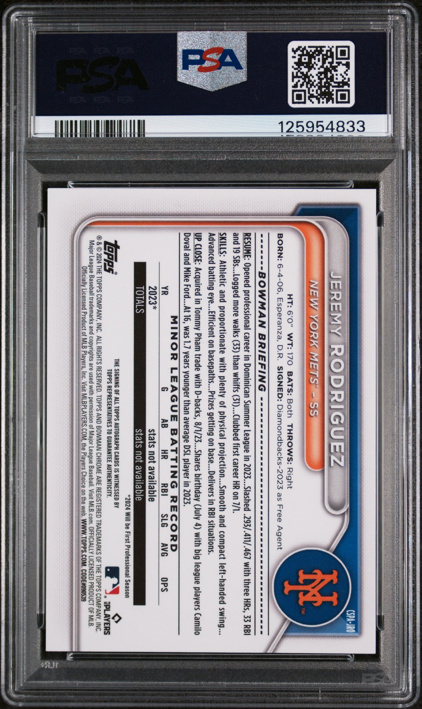 2024 Bowman Chrome Sapphire Edition Prospects Autographs Chrome Prospect Auto-Gold Jermy Rodriguez #JRO /50 PSA 10