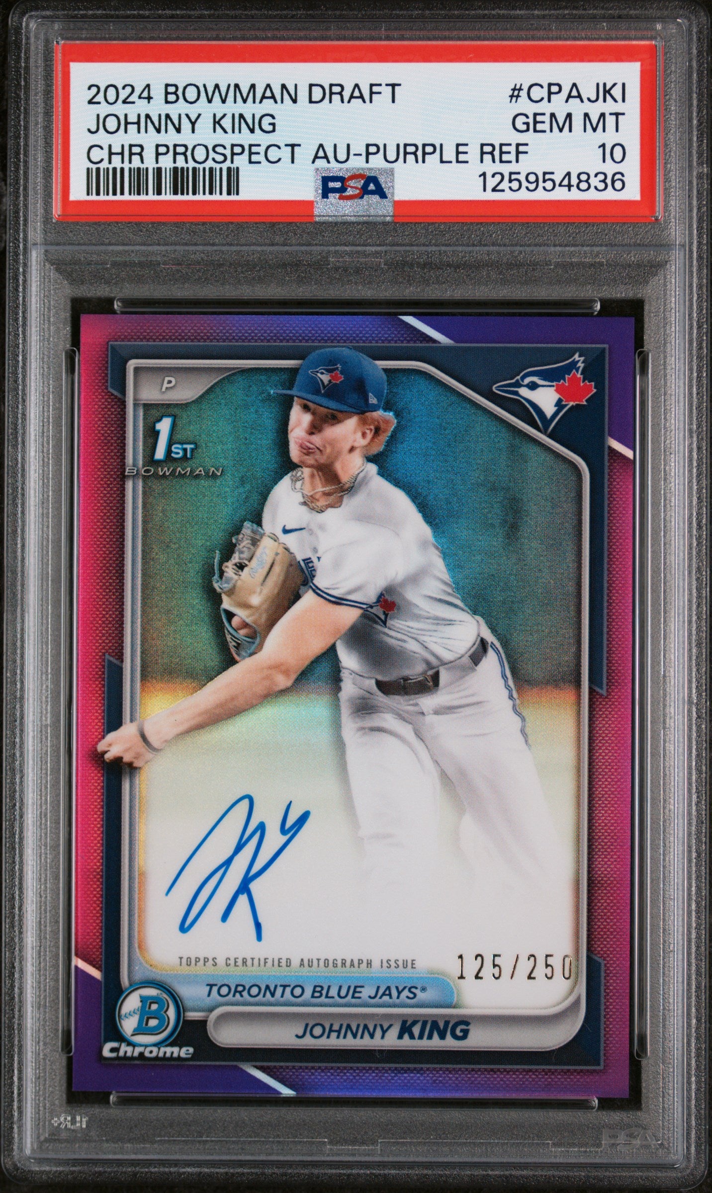 2024 Bowman Draft Chrome Prospect Autographs Chr Prospect Au-Purple Ref Johnny King #CPAJKI /250 PSA 10