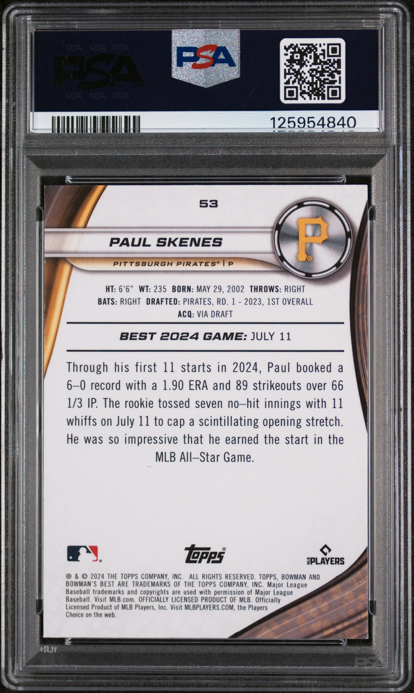 2024 Bowman's Best Green Refractor Paul Skenes #53 /99 PSA 9