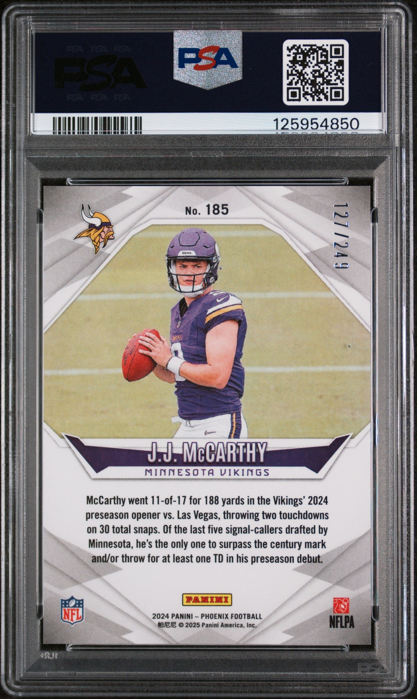 2024 Panini Phoenix Blue Fade JJ Mccarthy #185 /249 PSA 8