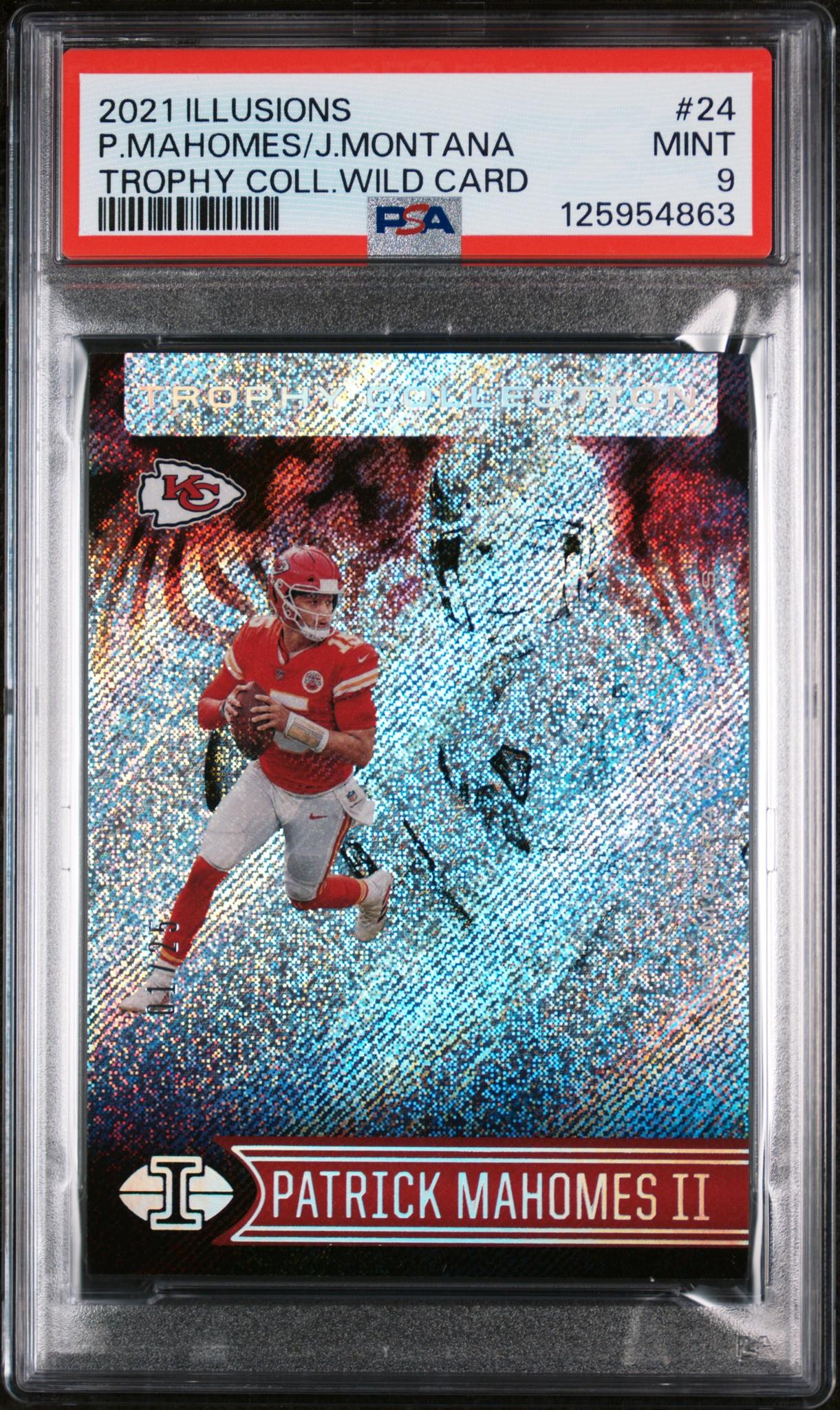 2021 Panini Illusions Trophy Collection Wild Card Joe Montana/Patrick Mahomes II #24 /25 PSA 9