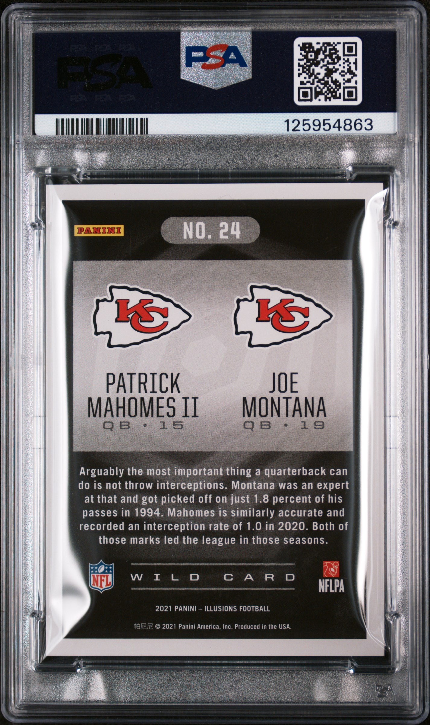 2021 Panini Illusions Trophy Collection Wild Card Joe Montana/Patrick Mahomes II #24 /25 PSA 9