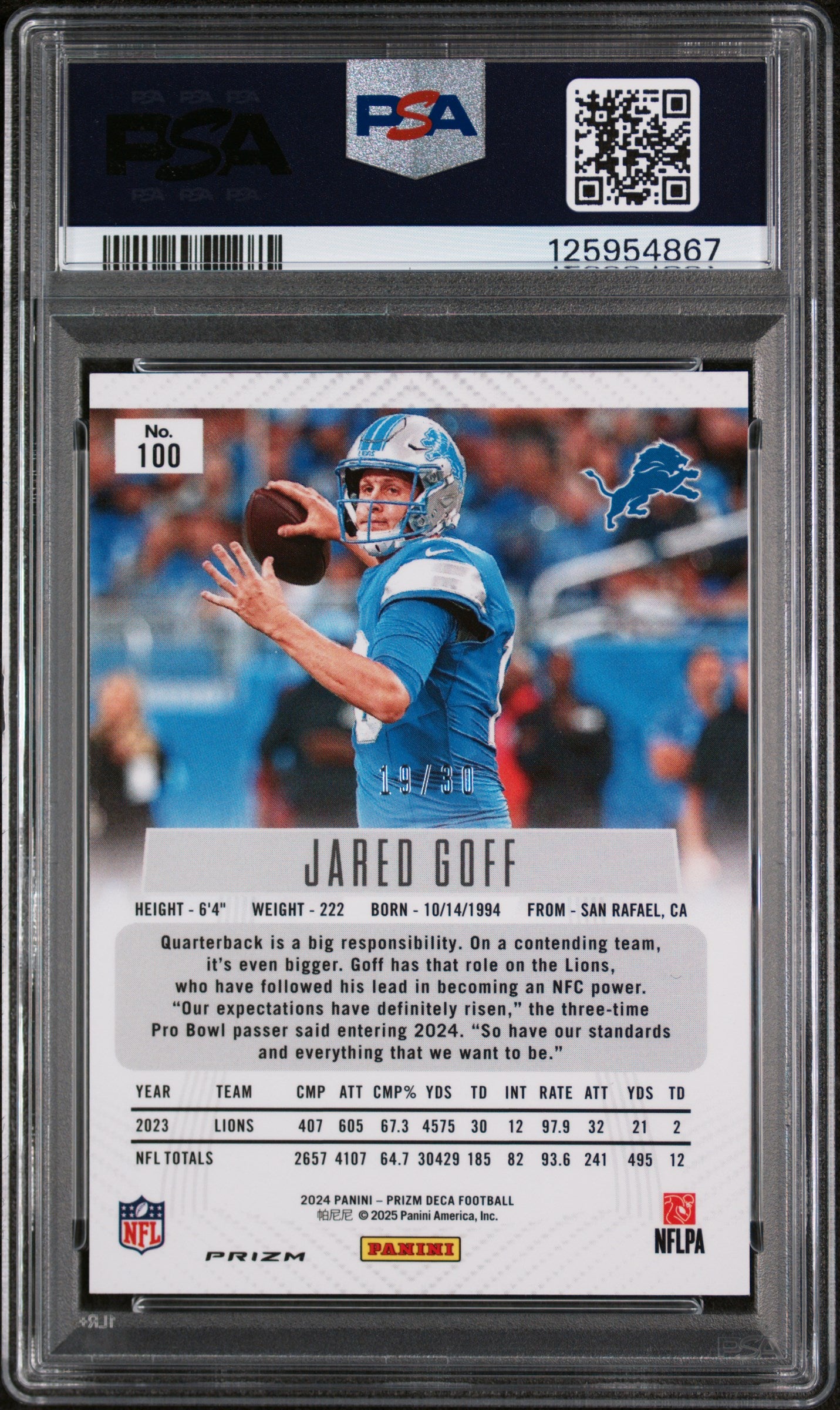 2024 Panini Prizm Deca Mojo Prizm Jared Goff #100 /30 PSA 9