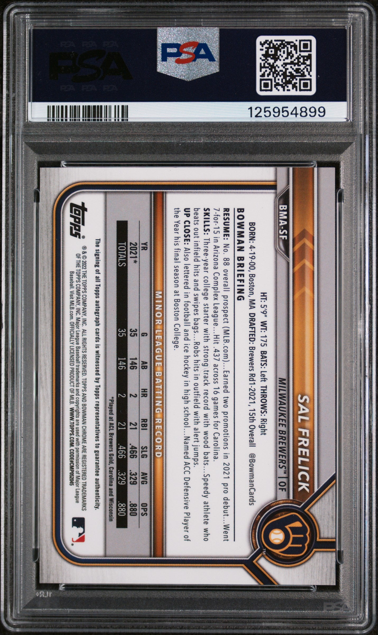 2022 Bowman Mega Box Chrome Autograph Sal Frelick #BMASF PSA 10