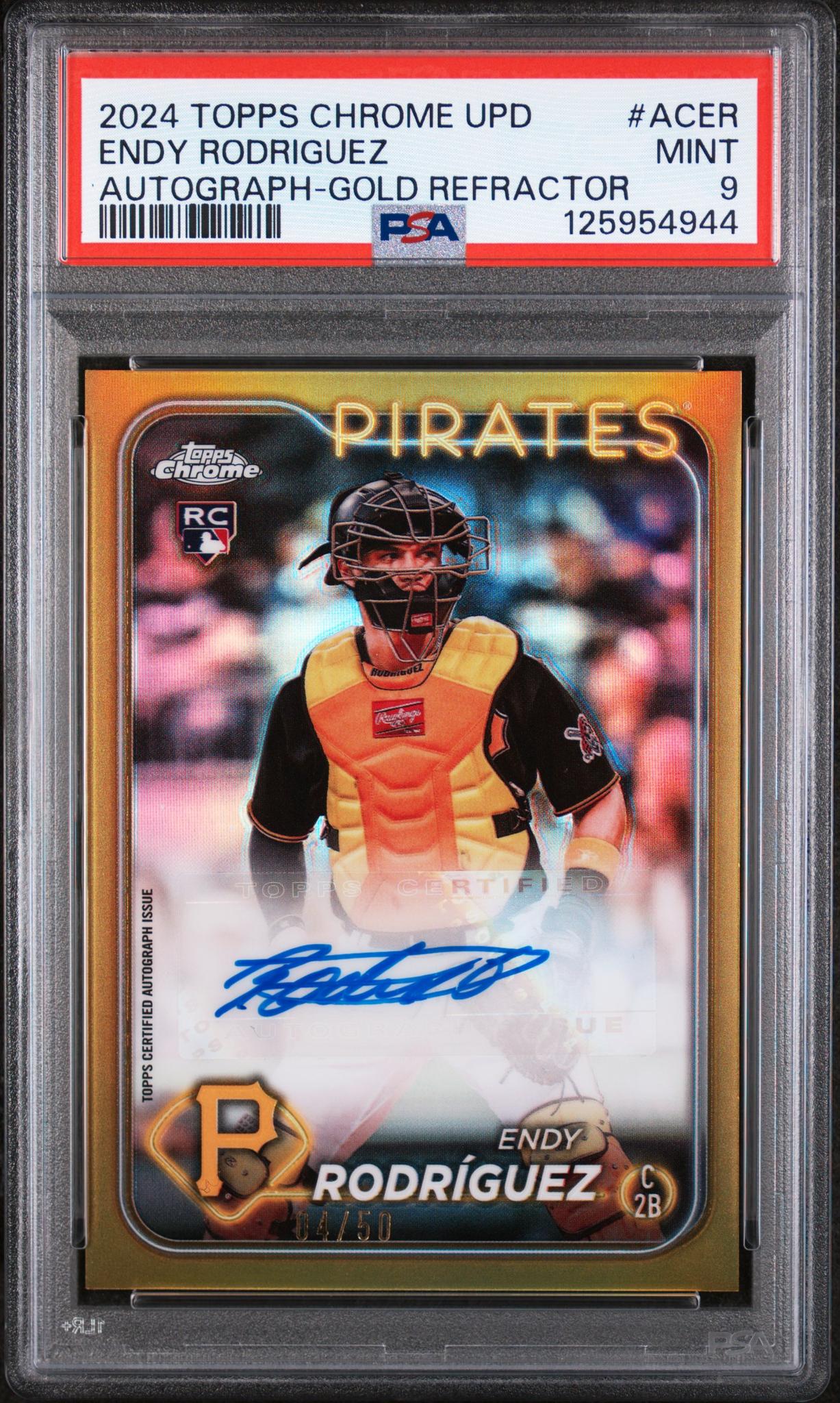 2024 Topps Chrome Update Chrome Baseball Update Series Autographs Autograph-Gold Refractor Endy Rodriguez #ACER /50 PSA 9