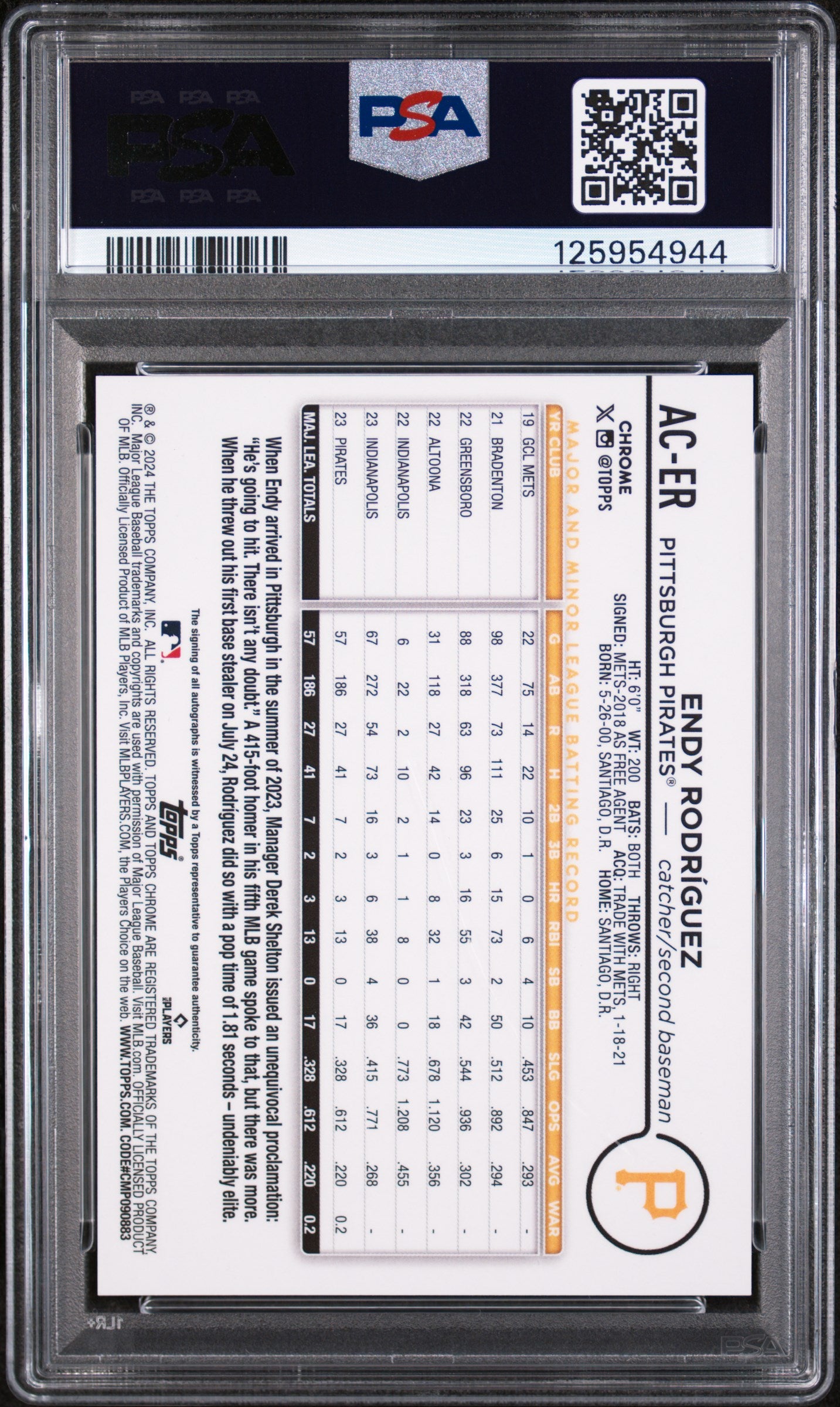 2024 Topps Chrome Update Chrome Baseball Update Series Autographs Autograph-Gold Refractor Endy Rodriguez #ACER /50 PSA 9