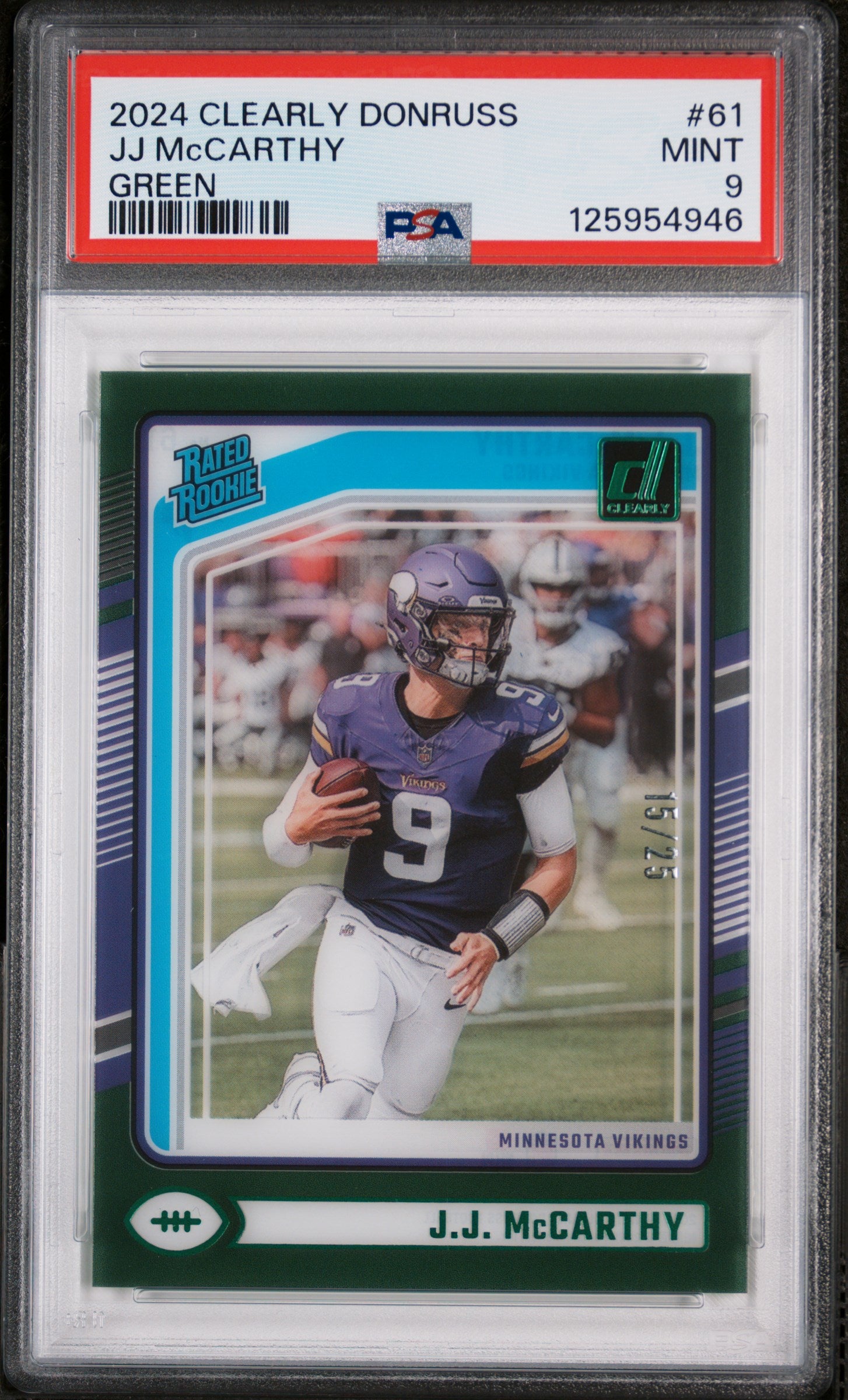 2024 Panini Clearly Donruss Green JJ Mccarthy #61 /25 PSA 9