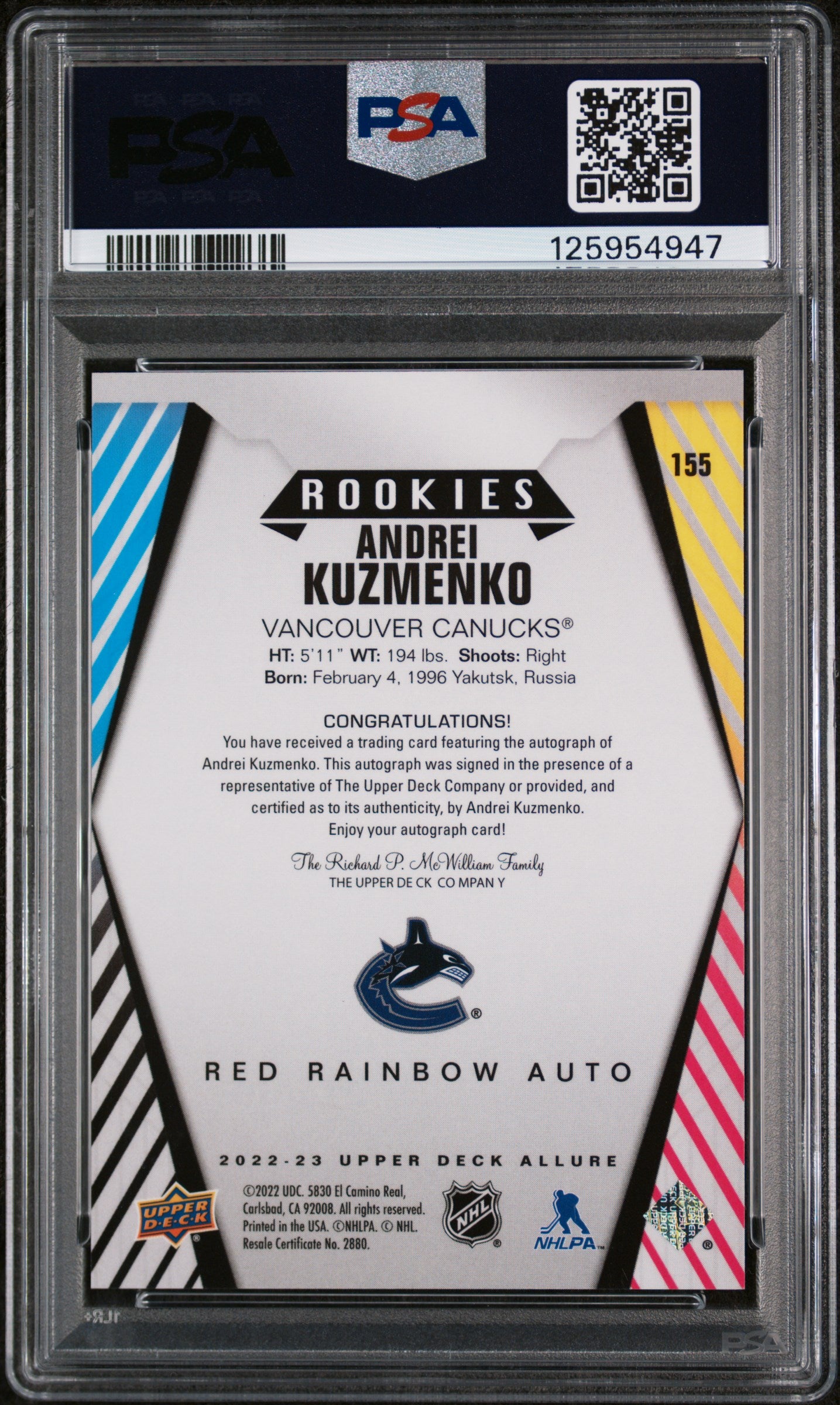 2022 Upper Deck Allure Autograph-Red Rainbow Andrei Kuzmenko #155 PSA 9