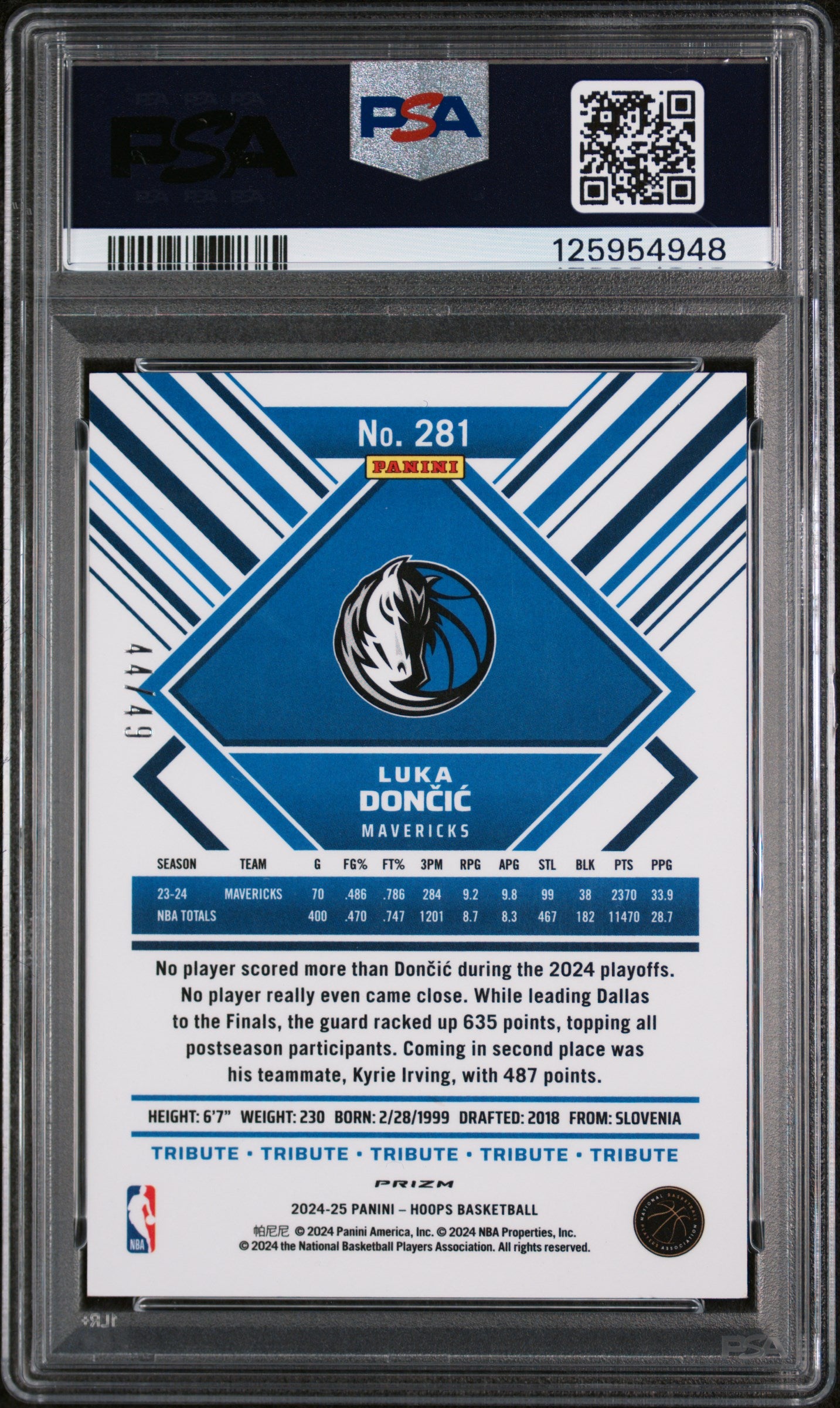 2024 Panini NBA Hoops Premium Prizms Lazer Blue Luka Doncic #281 PSA 9