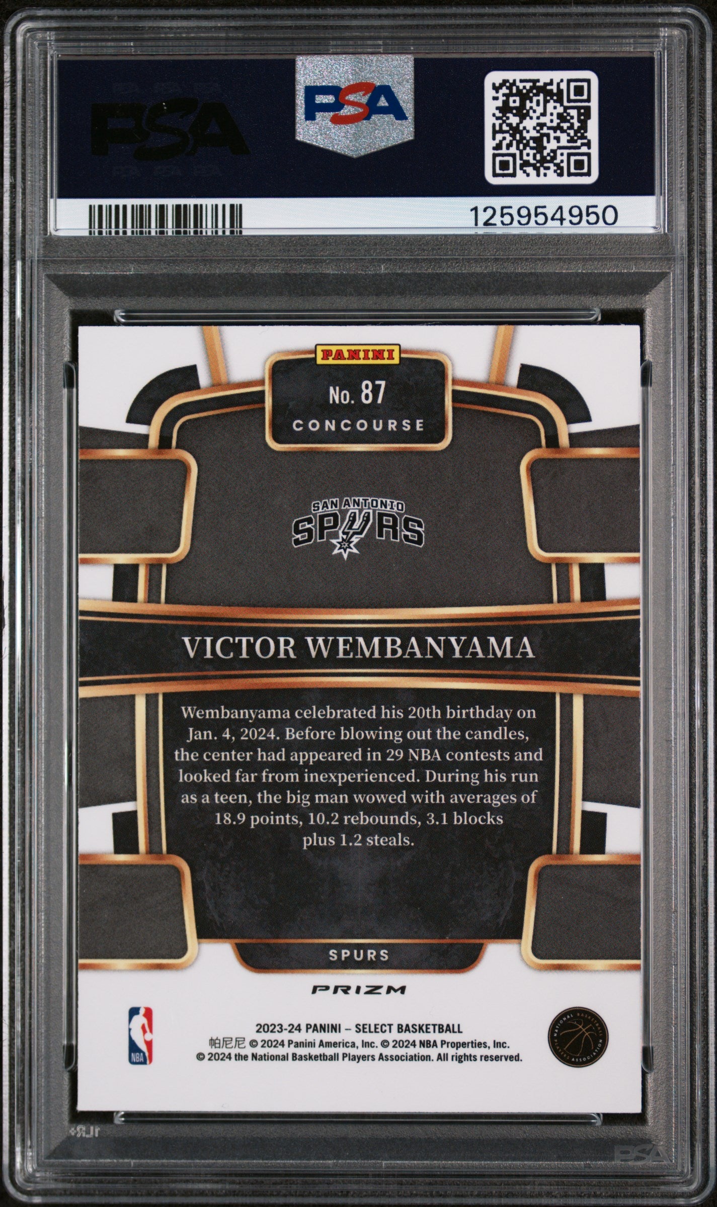 2023 Panini Select Concourse Silver Prizm Victor Wembanyama #87 PSA 10